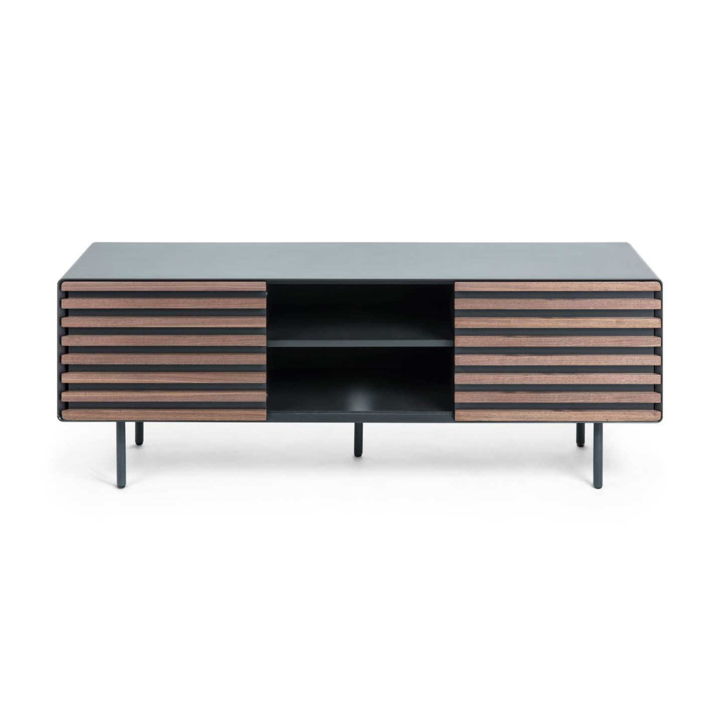 Kesia 2 door TV stand with walnut wood veneer with black lacquer & black steel, 162 x 58 cm - Product Image
