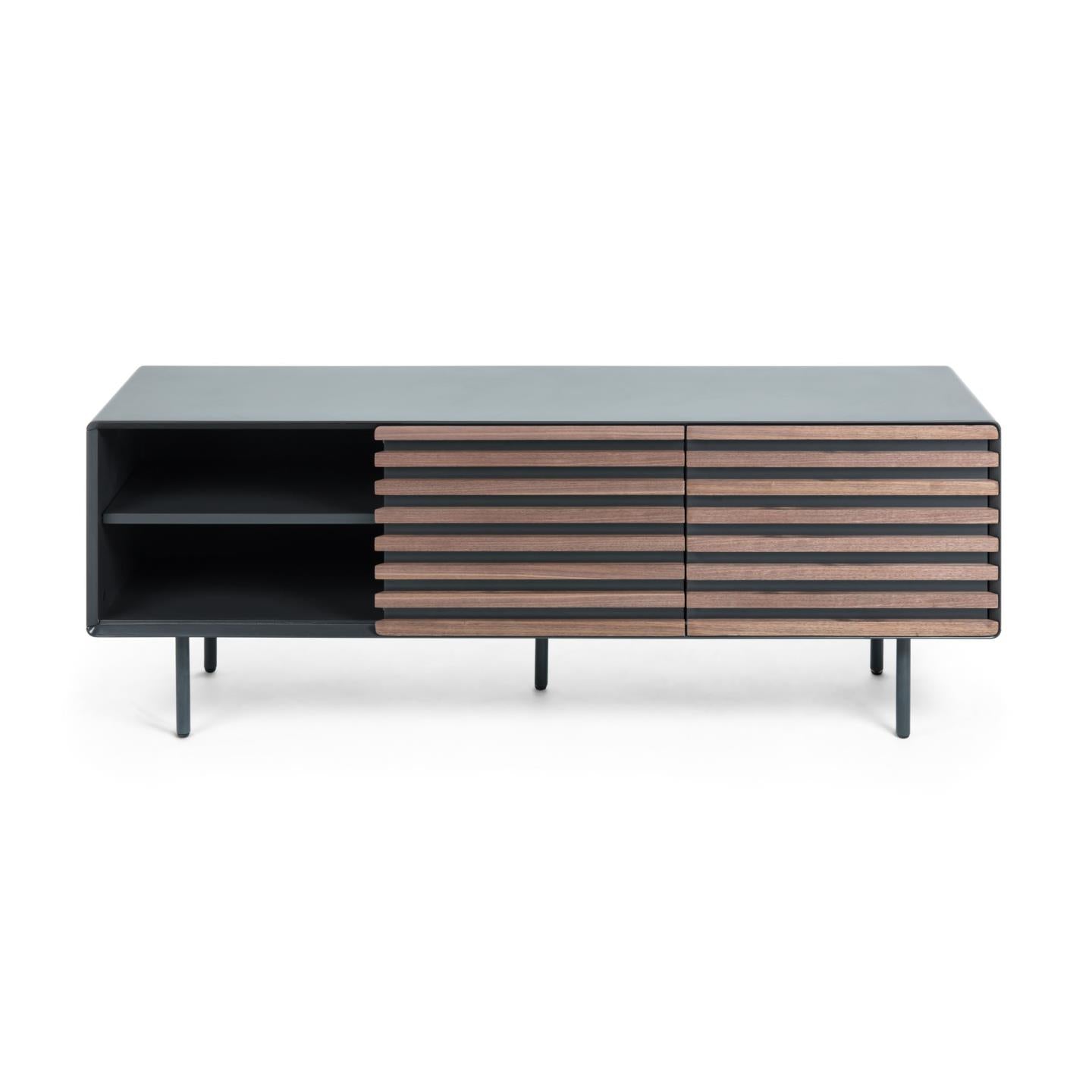 Kesia 2 door TV stand with walnut wood veneer with black lacquer & black steel, 162 x 58 cm - Product Image