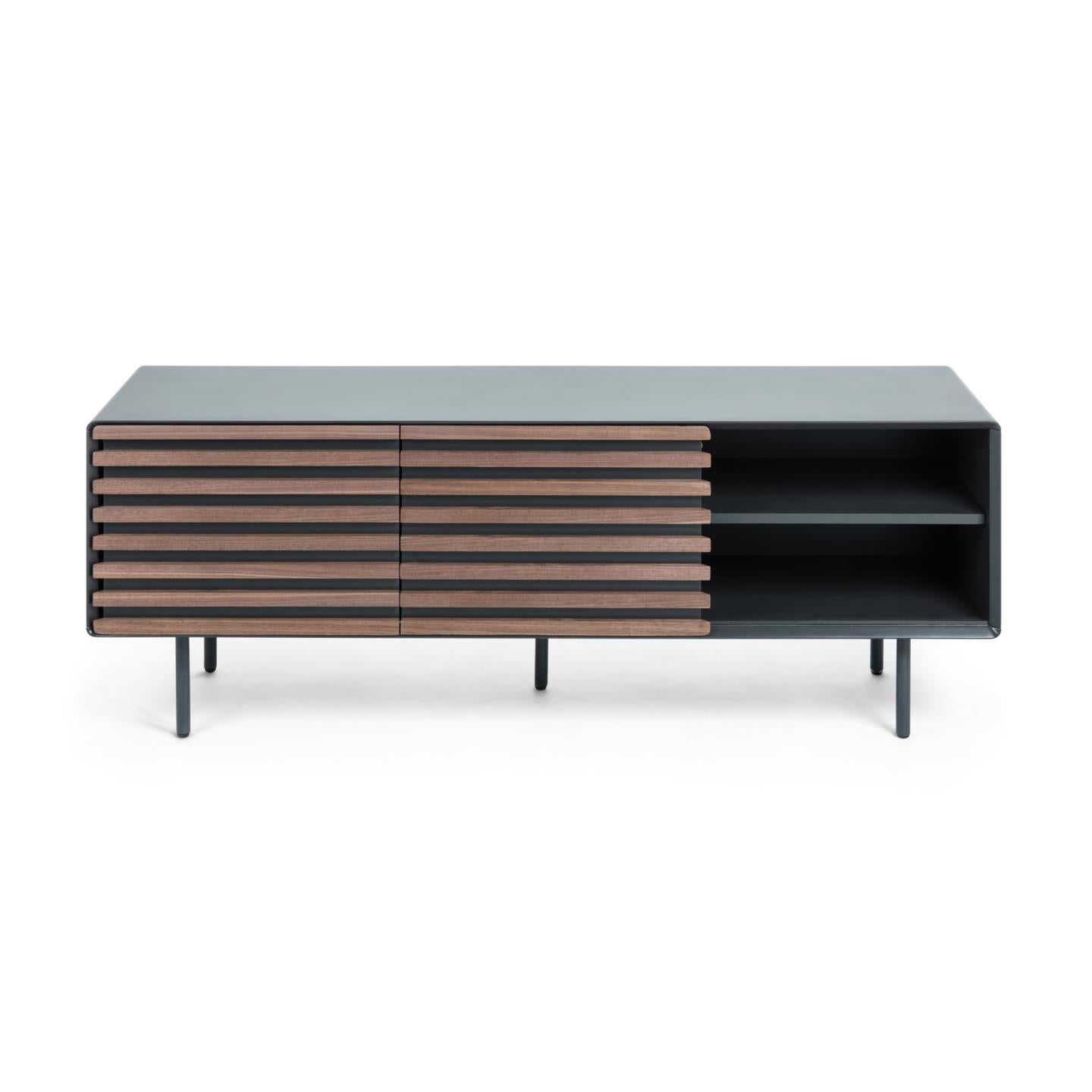 Kesia 2 door TV stand with walnut wood veneer with black lacquer & black steel, 162 x 58 cm - Product Image