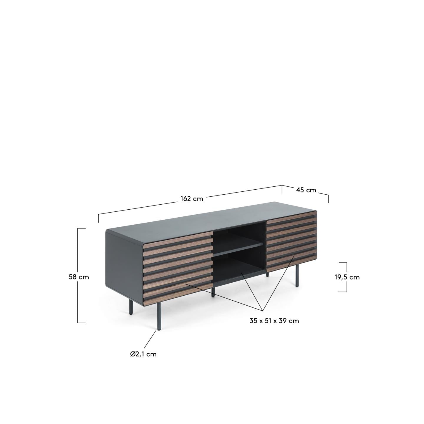 Kesia 2 door TV stand with walnut wood veneer with black lacquer & black steel, 162 x 58 cm - Measurements