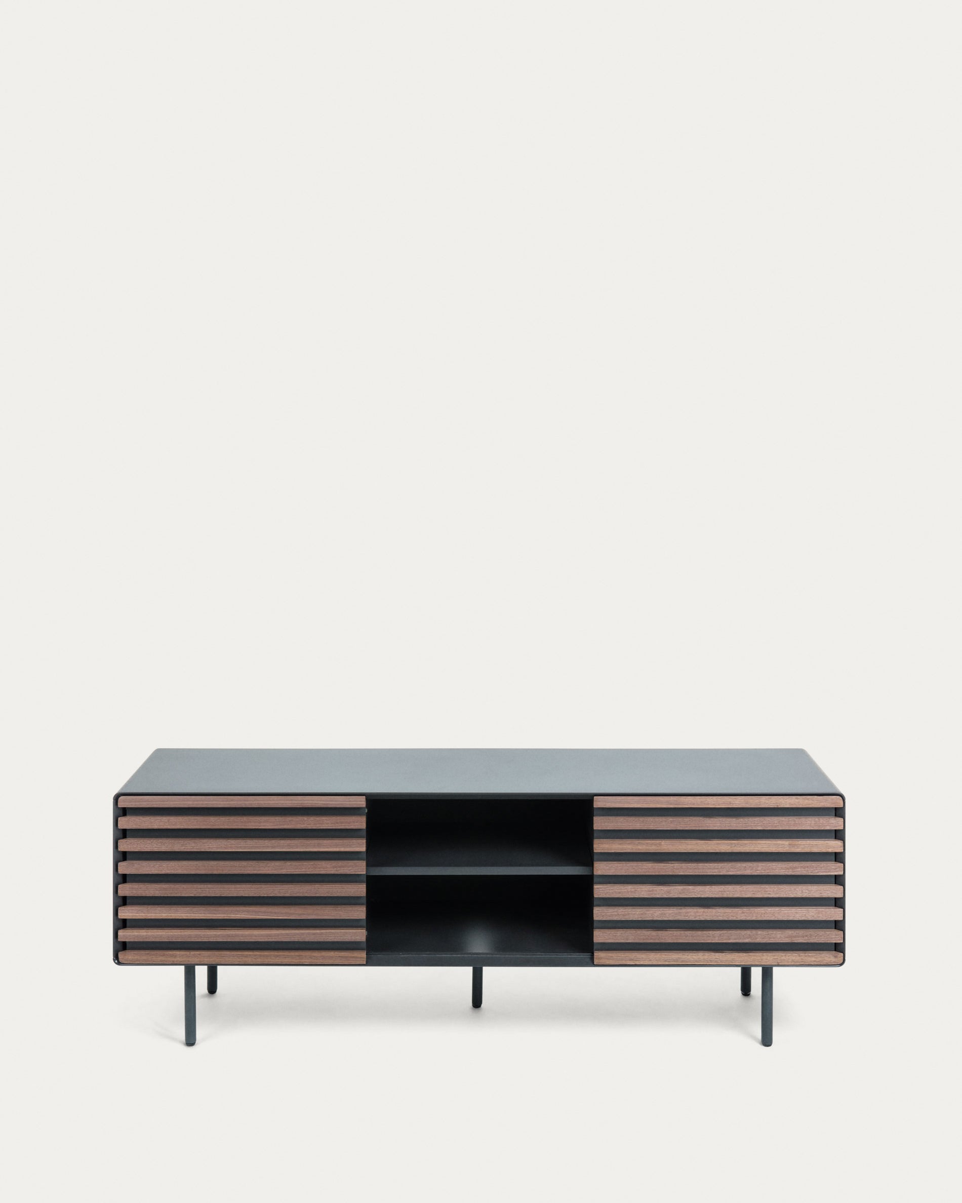 Kesia 2 door TV stand with walnut wood veneer with black lacquer & black steel, 162 x 58 cm - Product View