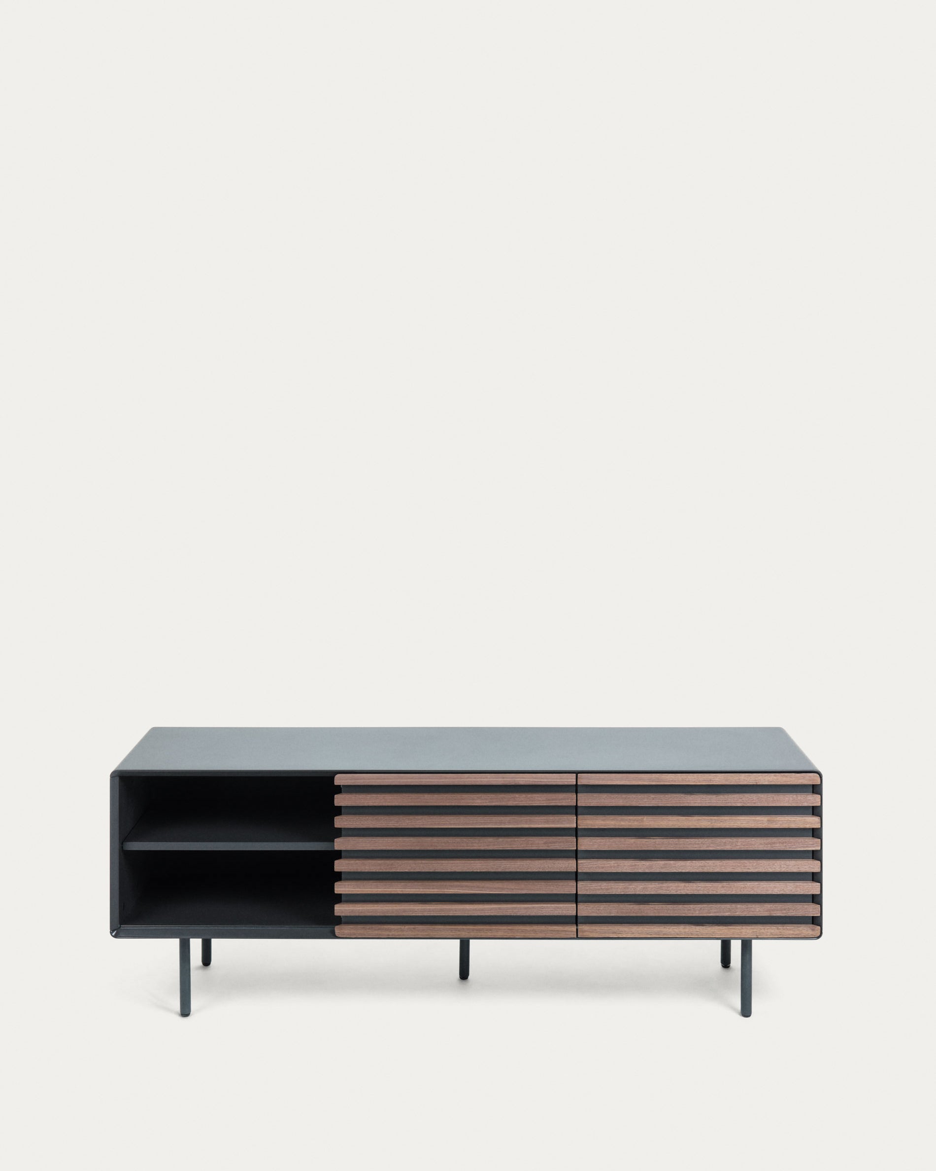 Kesia 2 door TV stand with walnut wood veneer with black lacquer & black steel, 162 x 58 cm - Product View