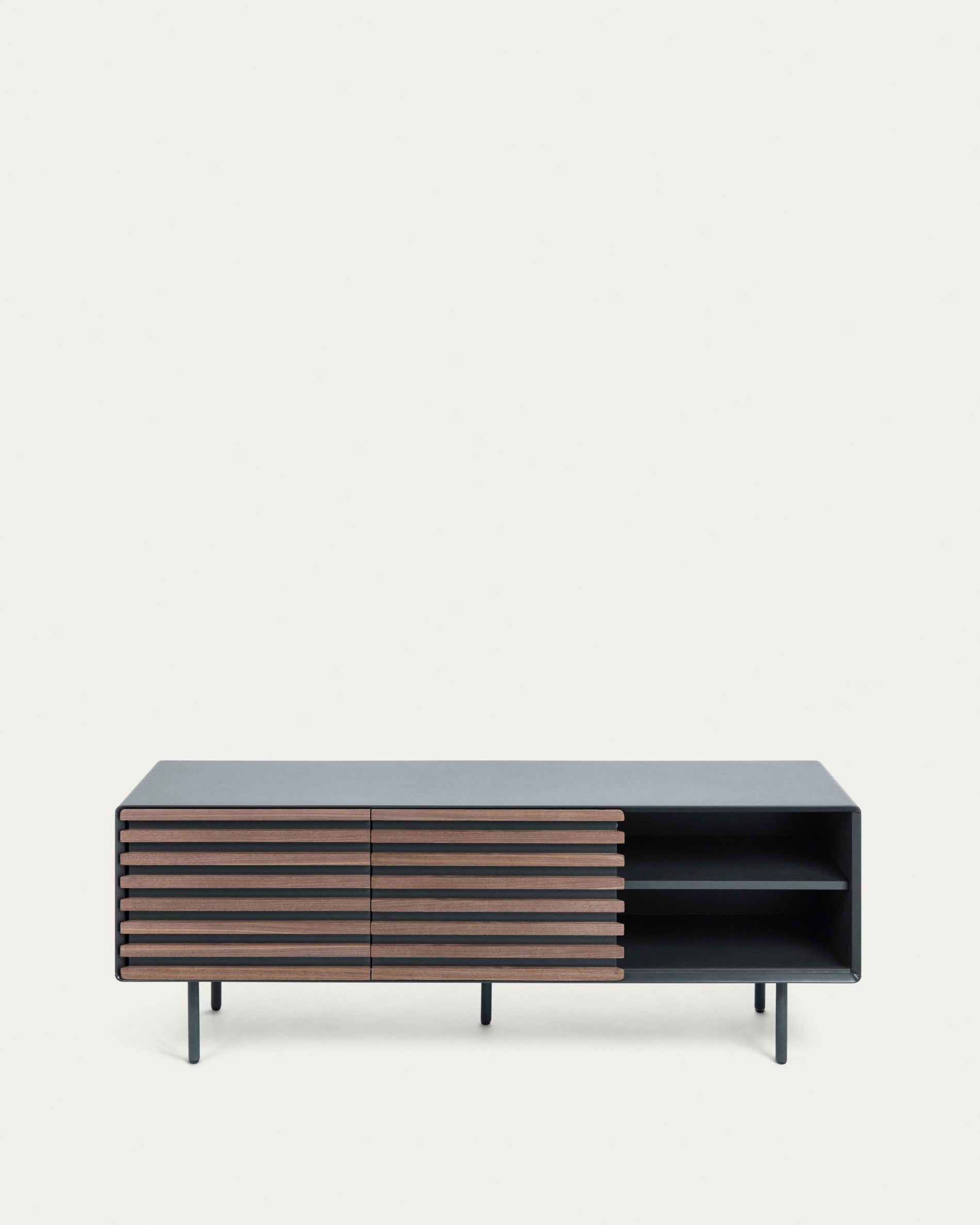 Kesia 2 door TV stand with walnut wood veneer with black lacquer & black steel, 162 x 58 cm - Product View