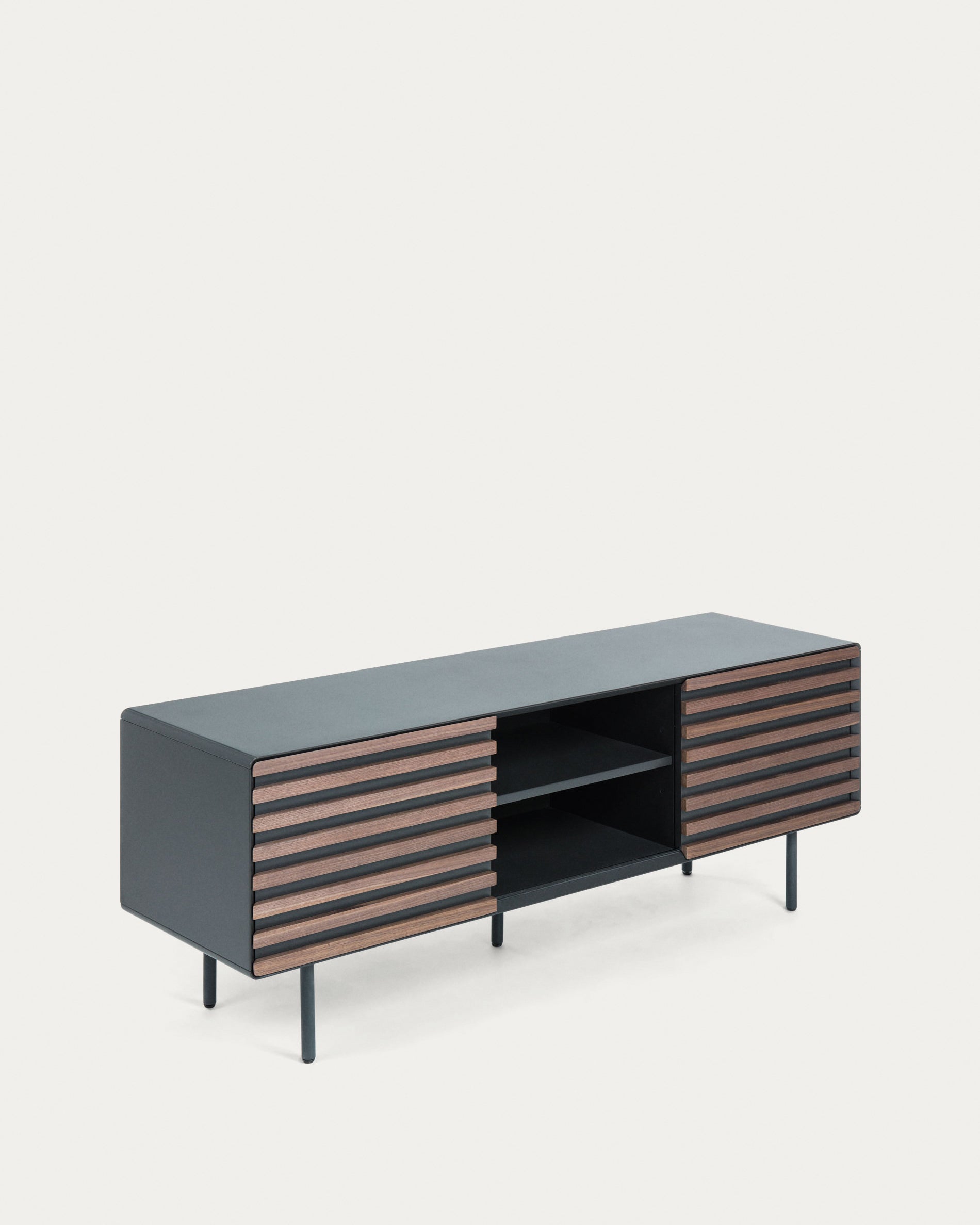 Kesia 2 door TV stand with walnut wood veneer with black lacquer & black steel, 162 x 58 cm - Product View