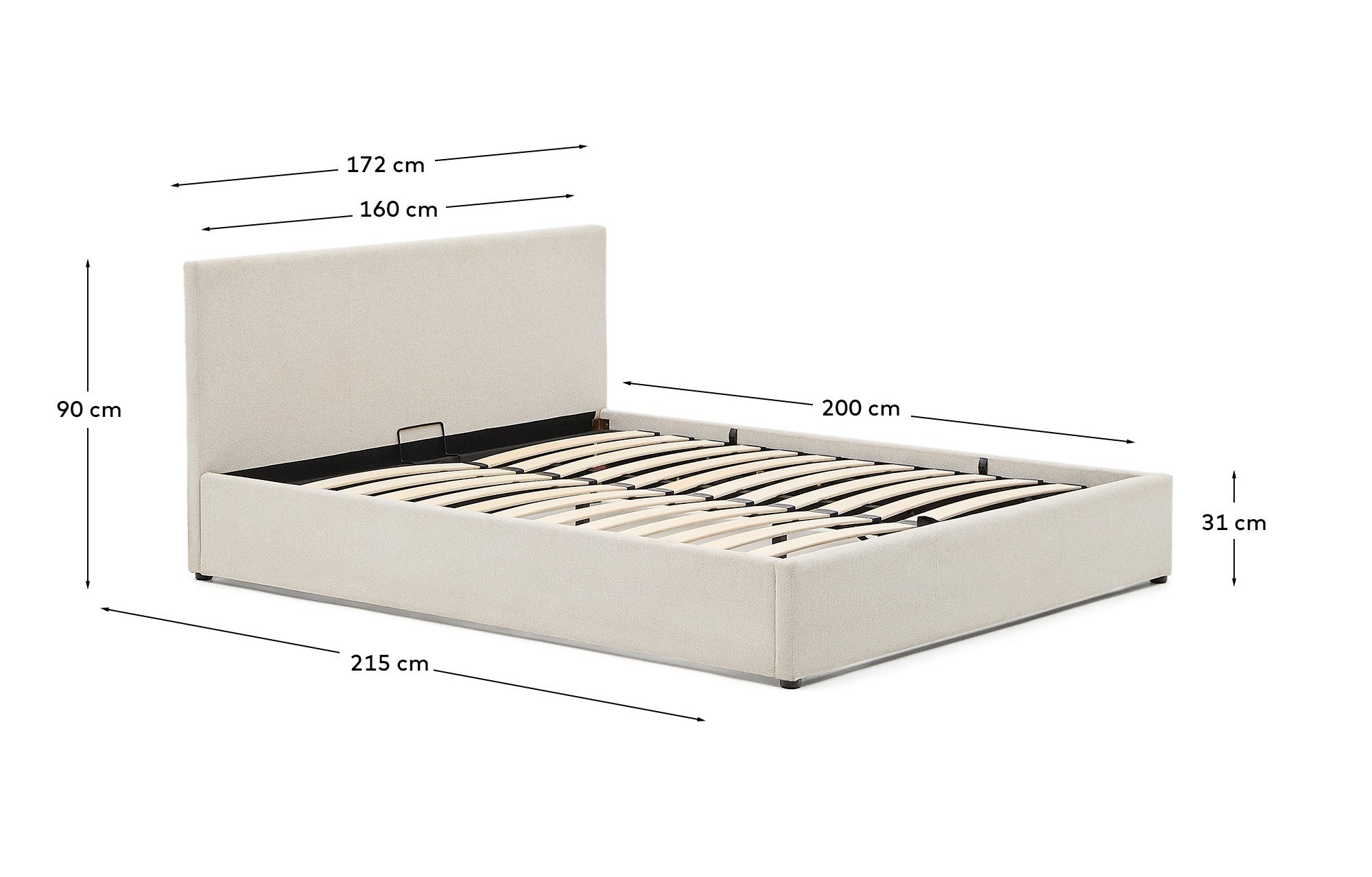 Nahiri beige chenille bed with storage base for 160 x 200cm mattress - Measurements