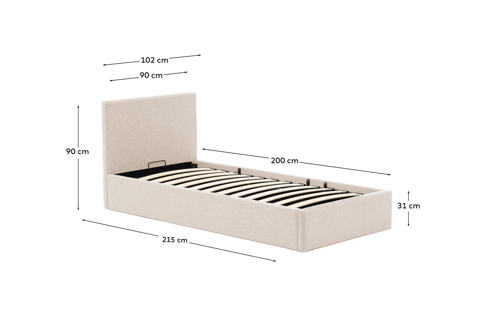 Nahiri beige chenille bed with storage base for 90 x 200cm mattress - Measurements