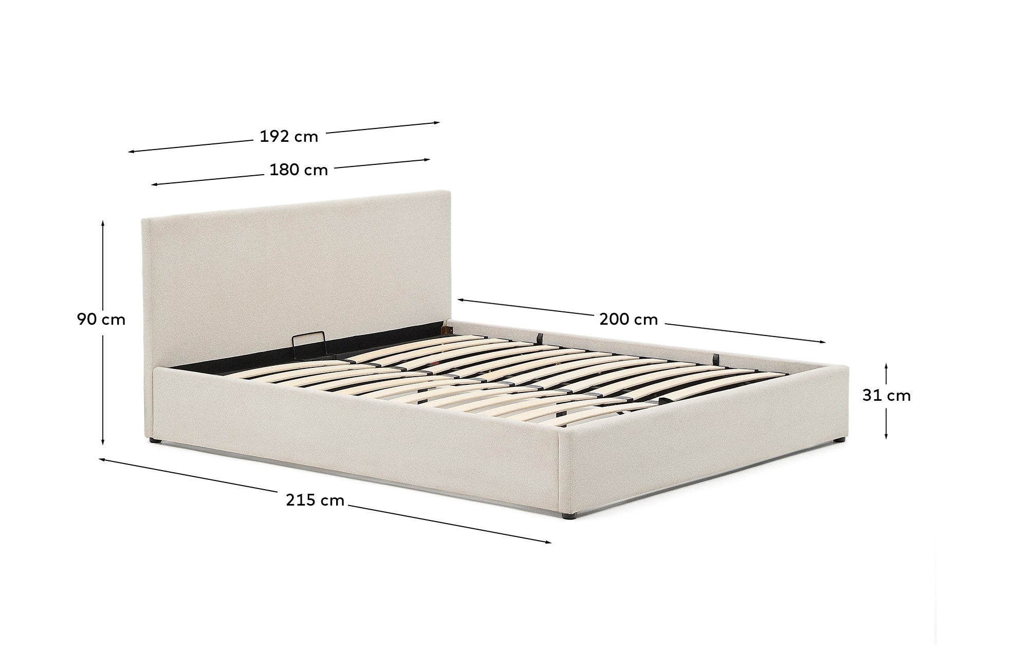 Nahiri beige chenille bed with storage base for 180 x 200cm mattress - Measurements