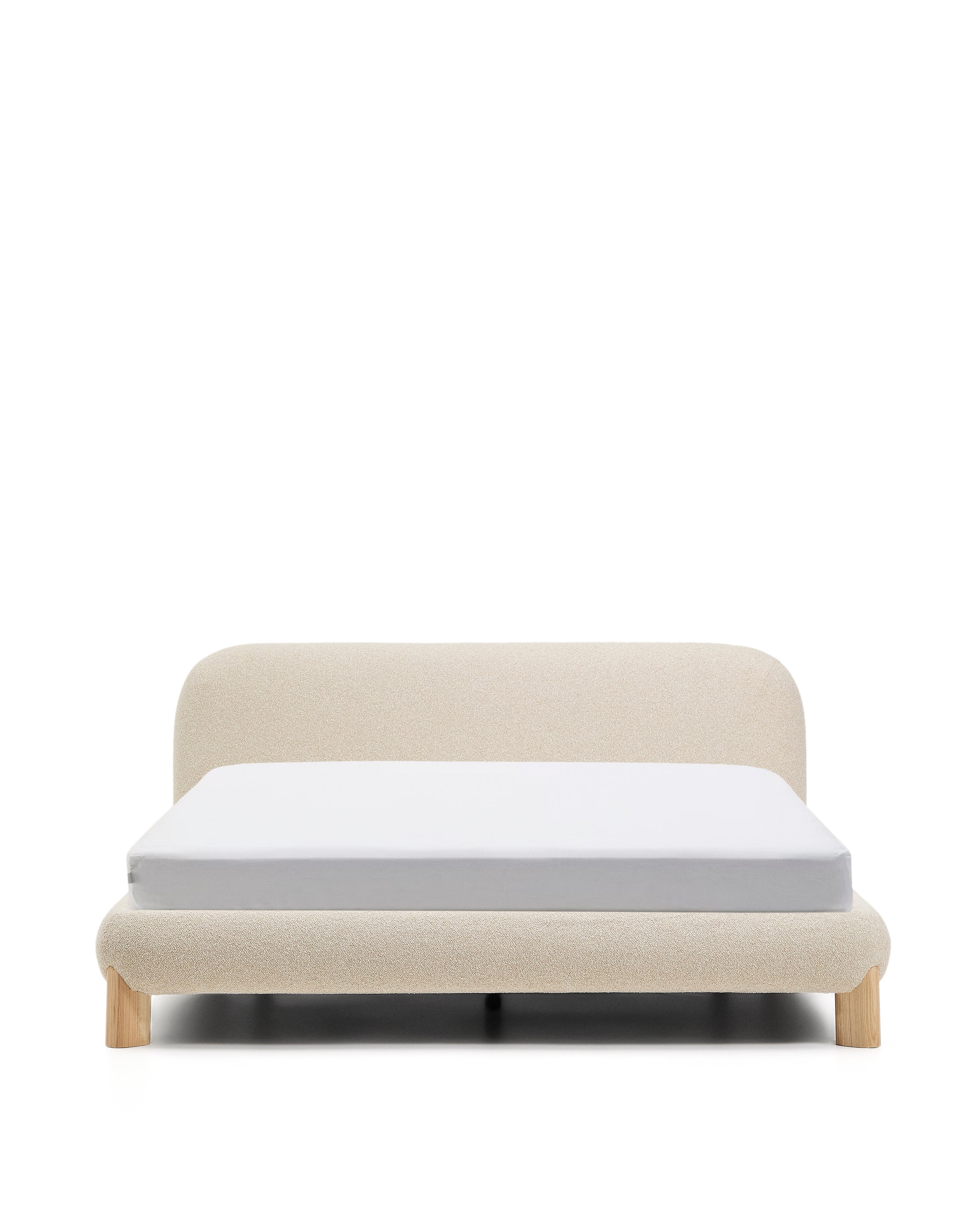 Odina ecru bouclé bed with removable cover and solid ash wood legs with natural finish for 160 x 200cm mattress - Product Image