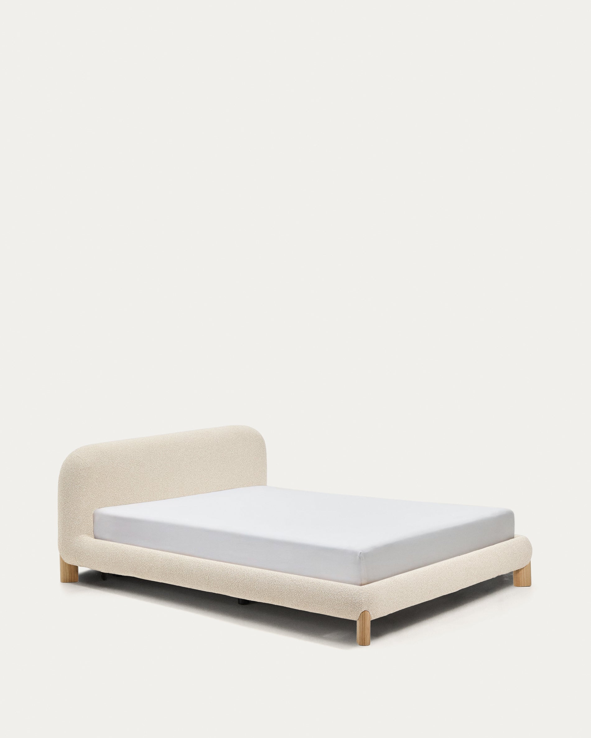 Odina ecru bouclé bed with removable cover and solid ash wood legs with natural finish for 160 x 200cm mattress - Product View