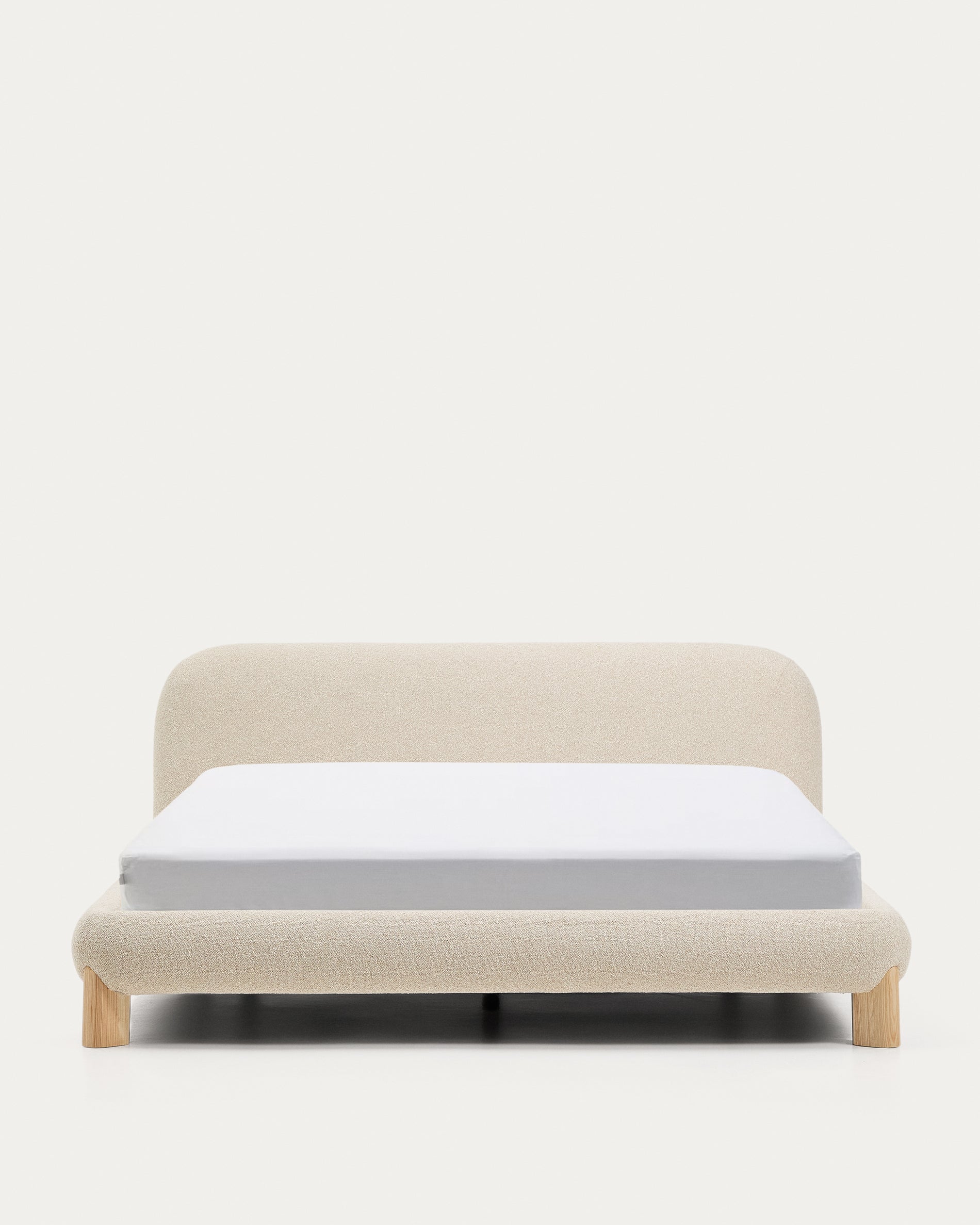 Odina ecru bouclé bed with removable cover and solid ash wood legs with natural finish for 180 x 200cm mattress - Product View