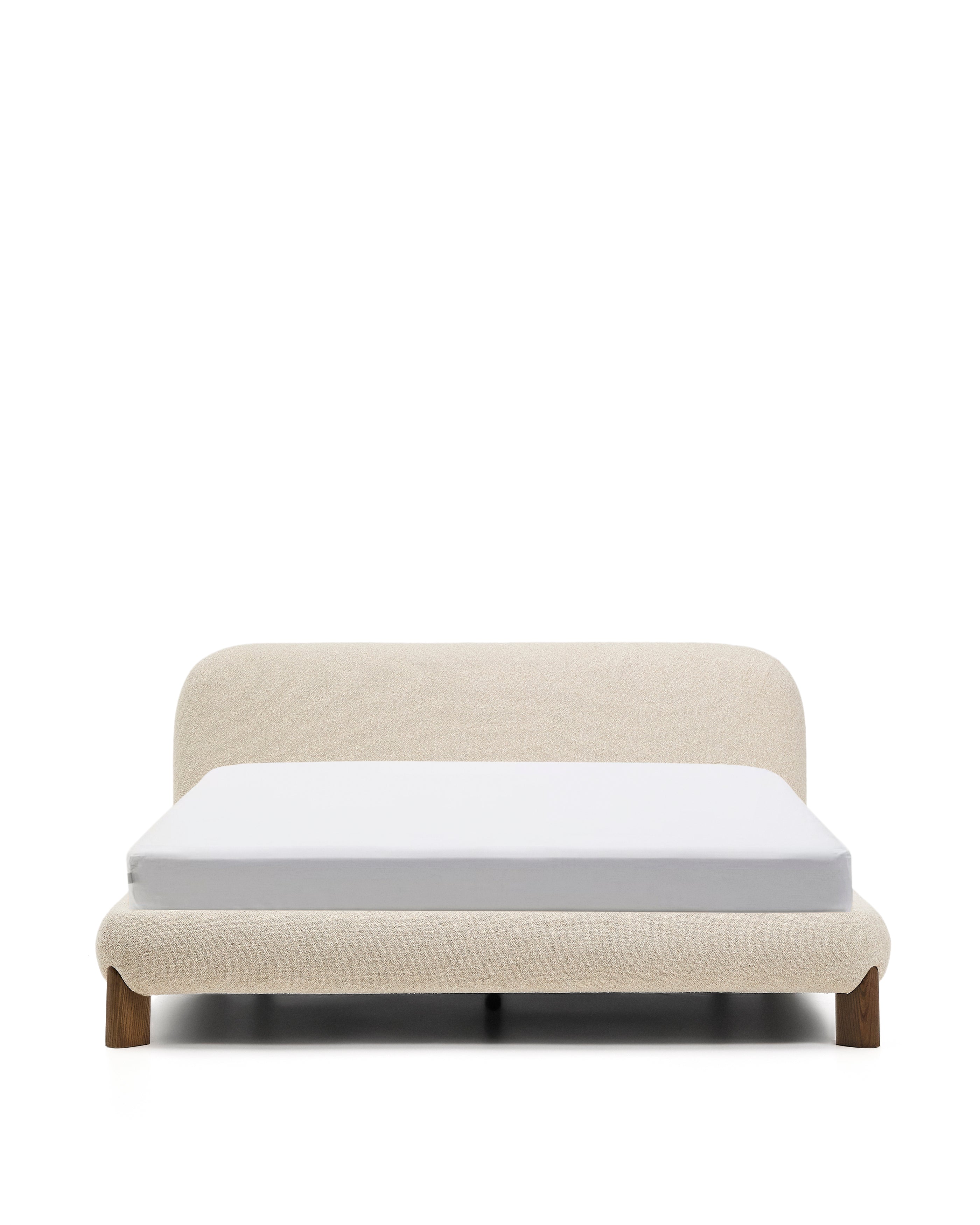Odina ecru bouclé bed with removable cover and solid ash wood legs with walnut finish for 160 x 200cm mattress - Product Image