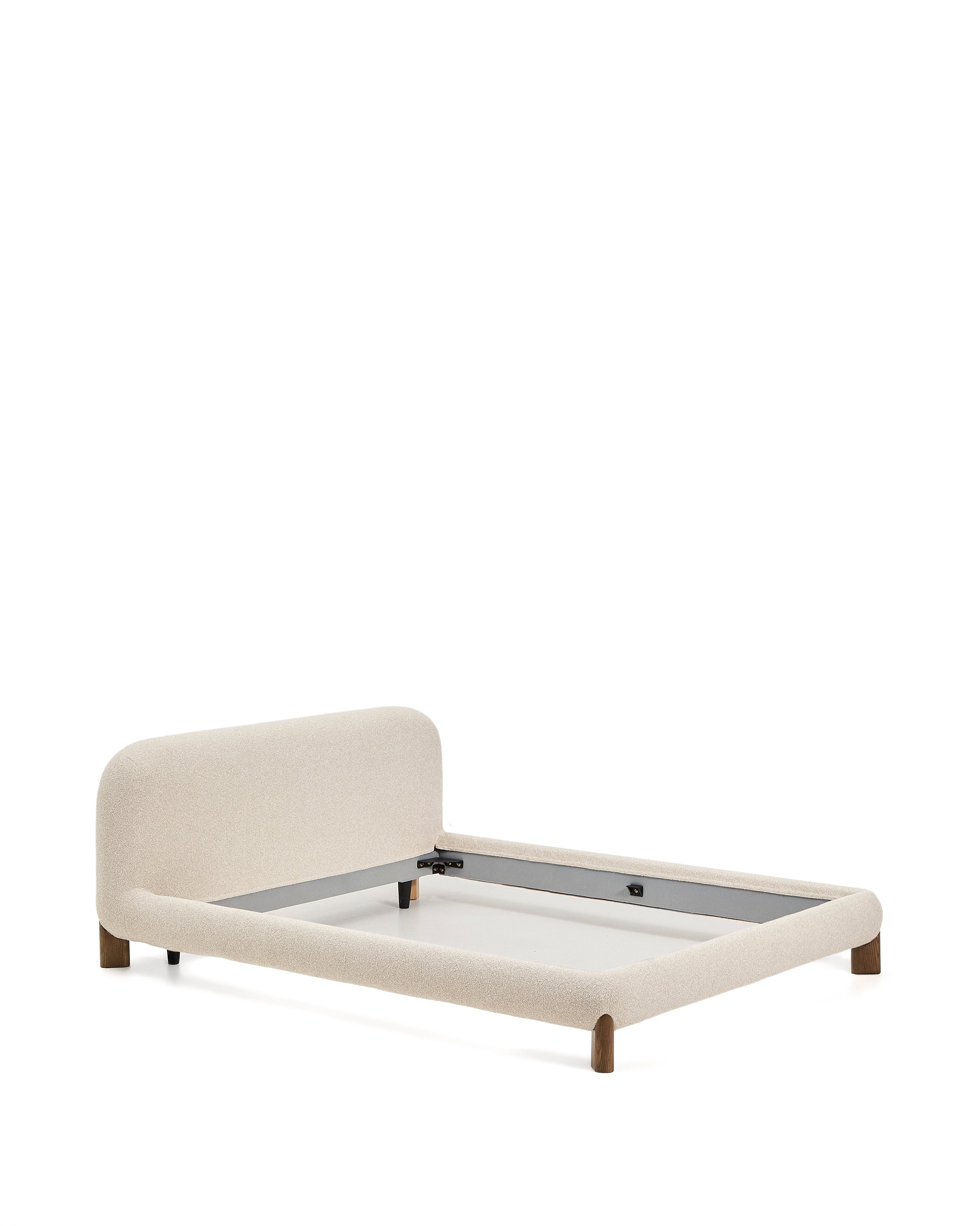 Odina ecru bouclé bed with removable cover and solid ash wood legs with walnut finish for 160 x 200cm mattress - Product Image