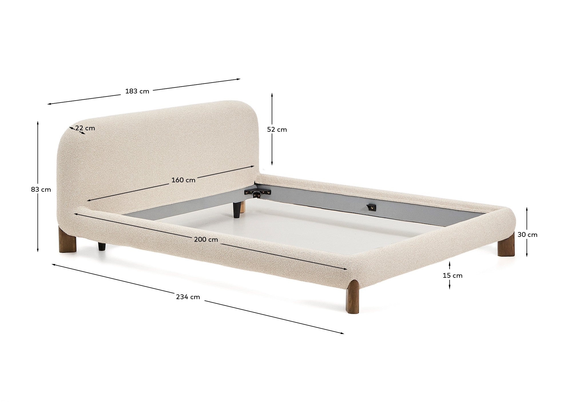Odina ecru bouclé bed with removable cover and solid ash wood legs with walnut finish for 160 x 200cm mattress - Measurements