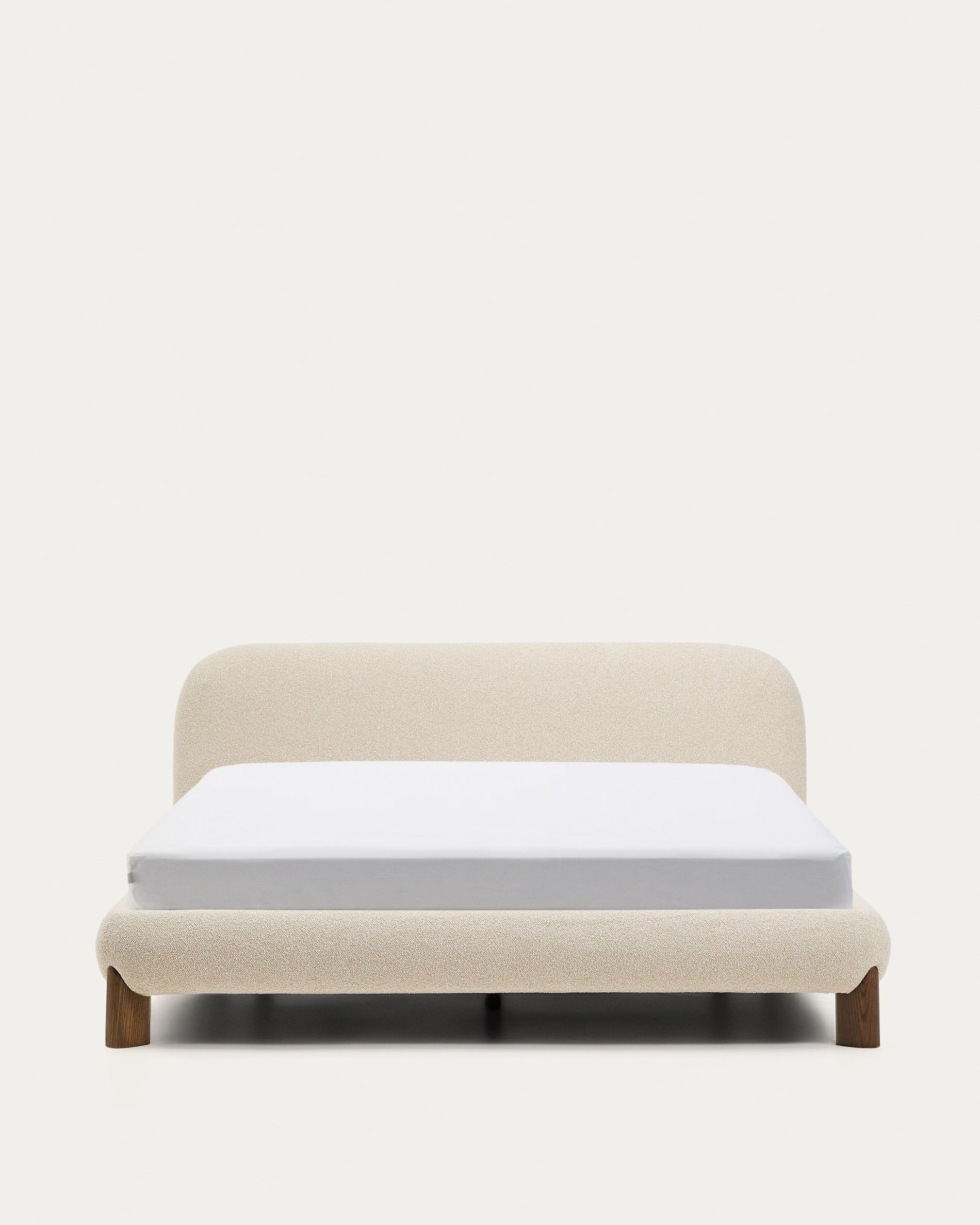 Odina ecru bouclé bed with removable cover and solid ash wood legs with walnut finish for 160 x 200cm mattress - Product View