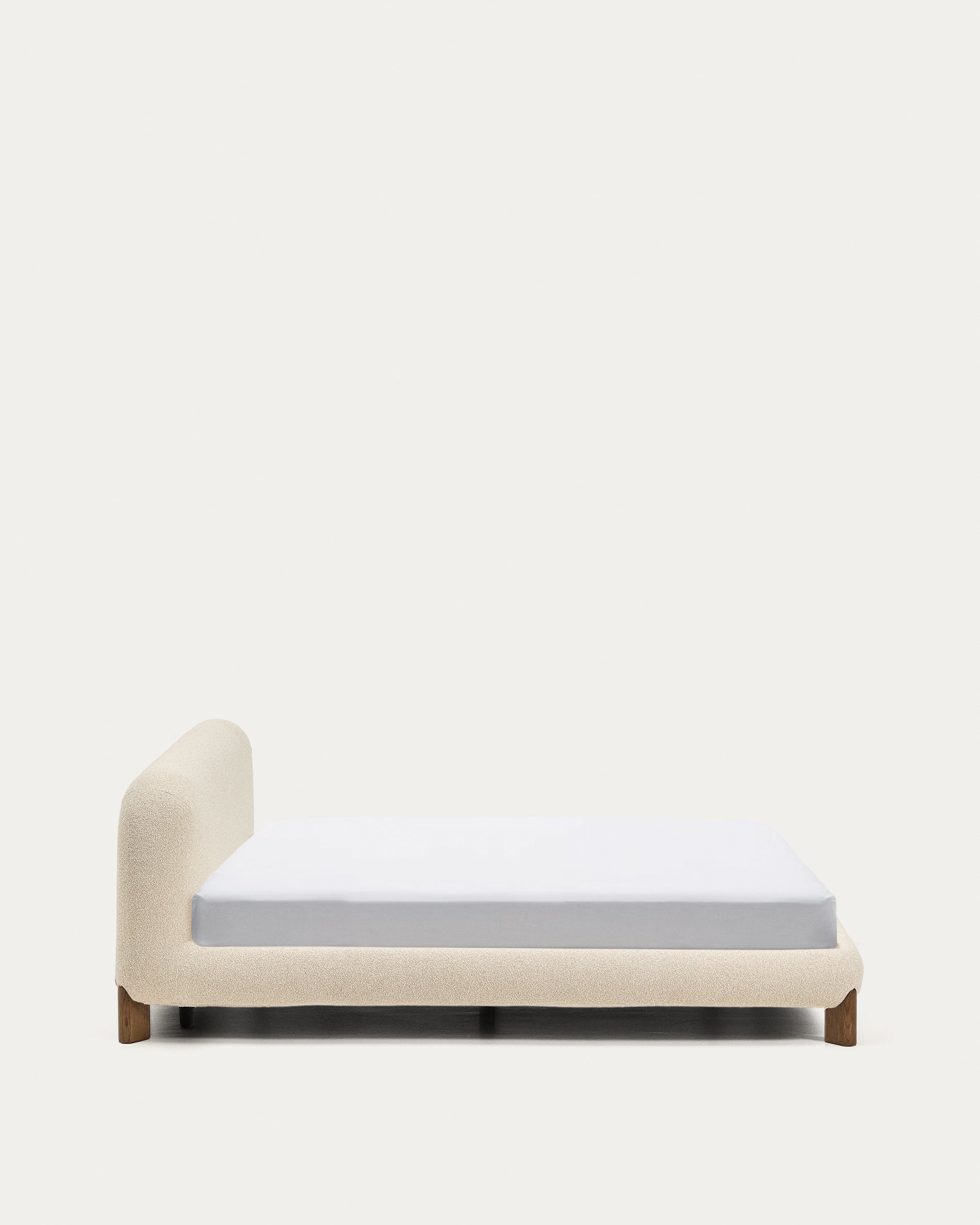 Odina ecru bouclé bed with removable cover and solid ash wood legs with walnut finish for 160 x 200cm mattress - Product View