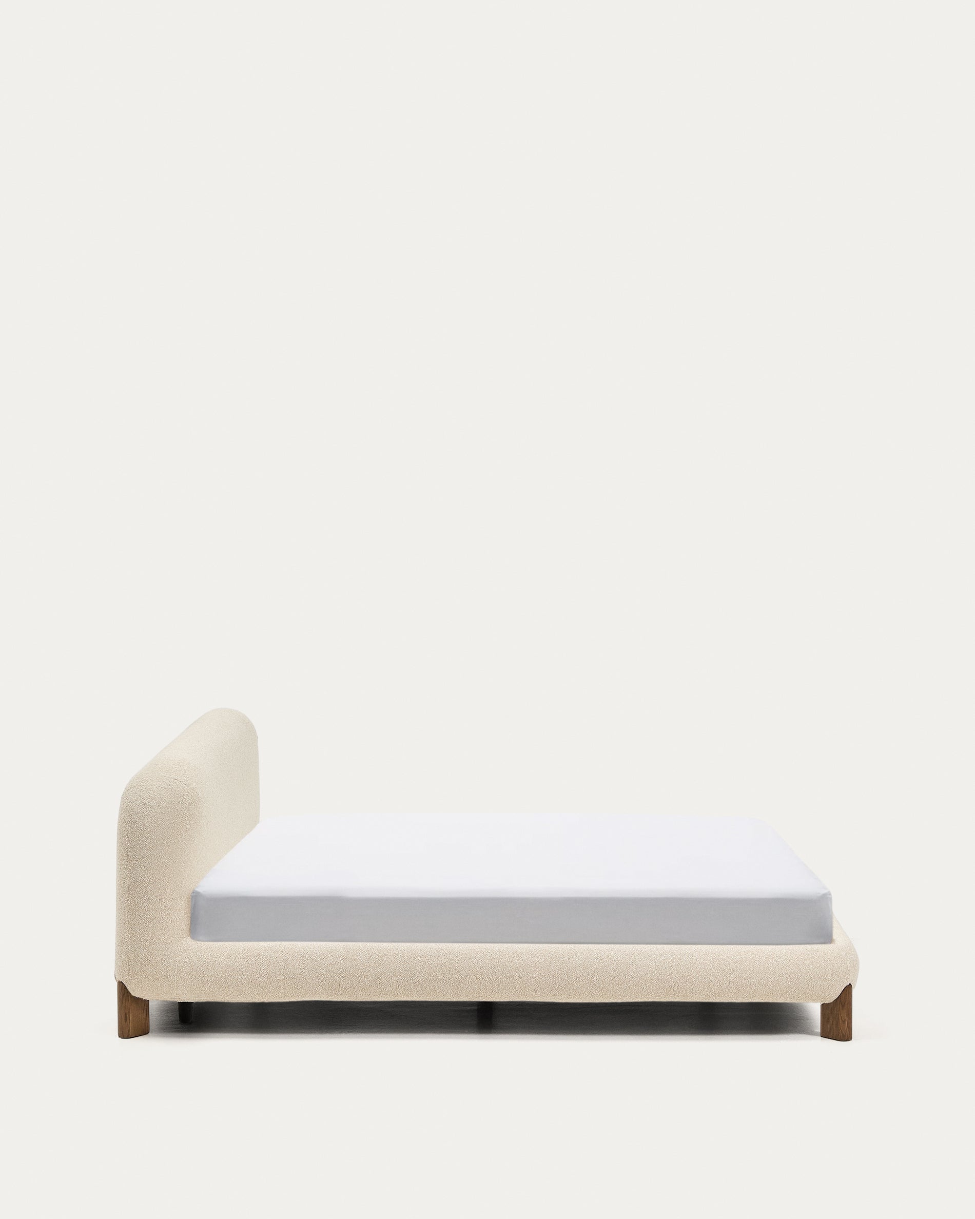 Odina ecru bouclé bed with removable cover and solid ash wood legs with walnut finish for 180 x 200cm mattress - Product View