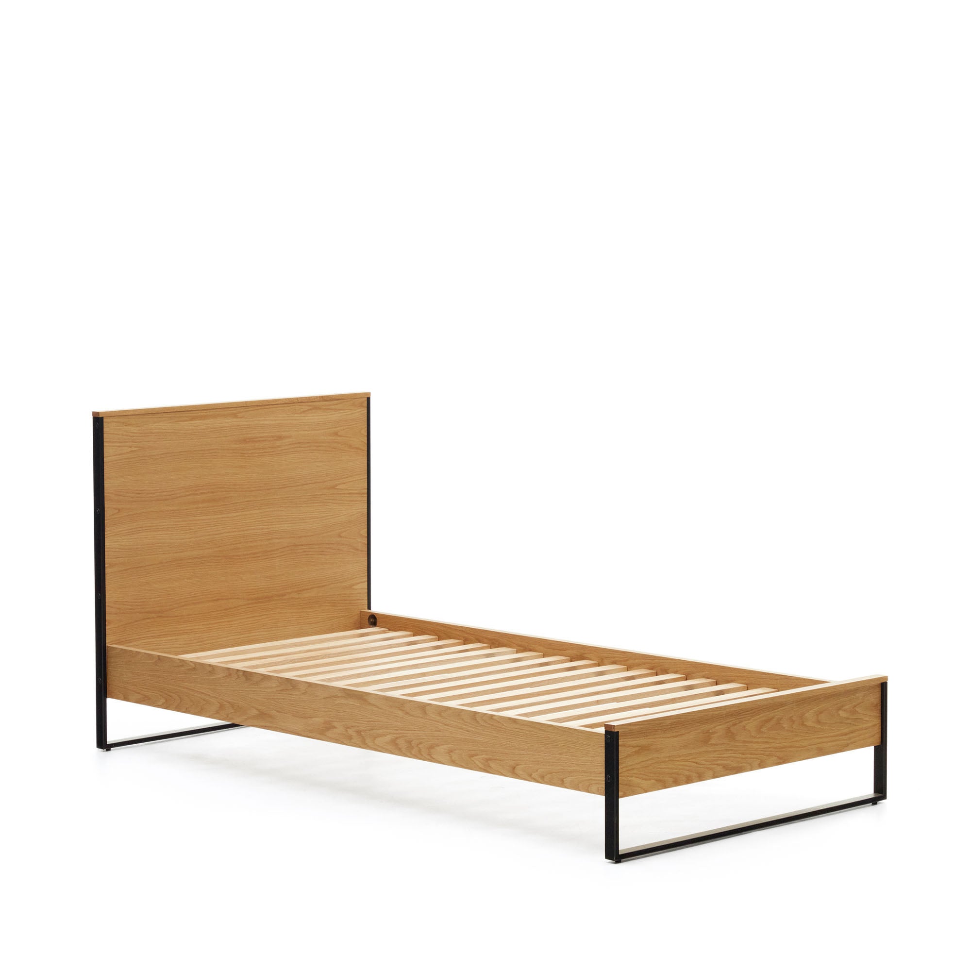 Taiana oak wood veneer bed with steel legs in a black finish, 90 x 190 cm - Product Image
