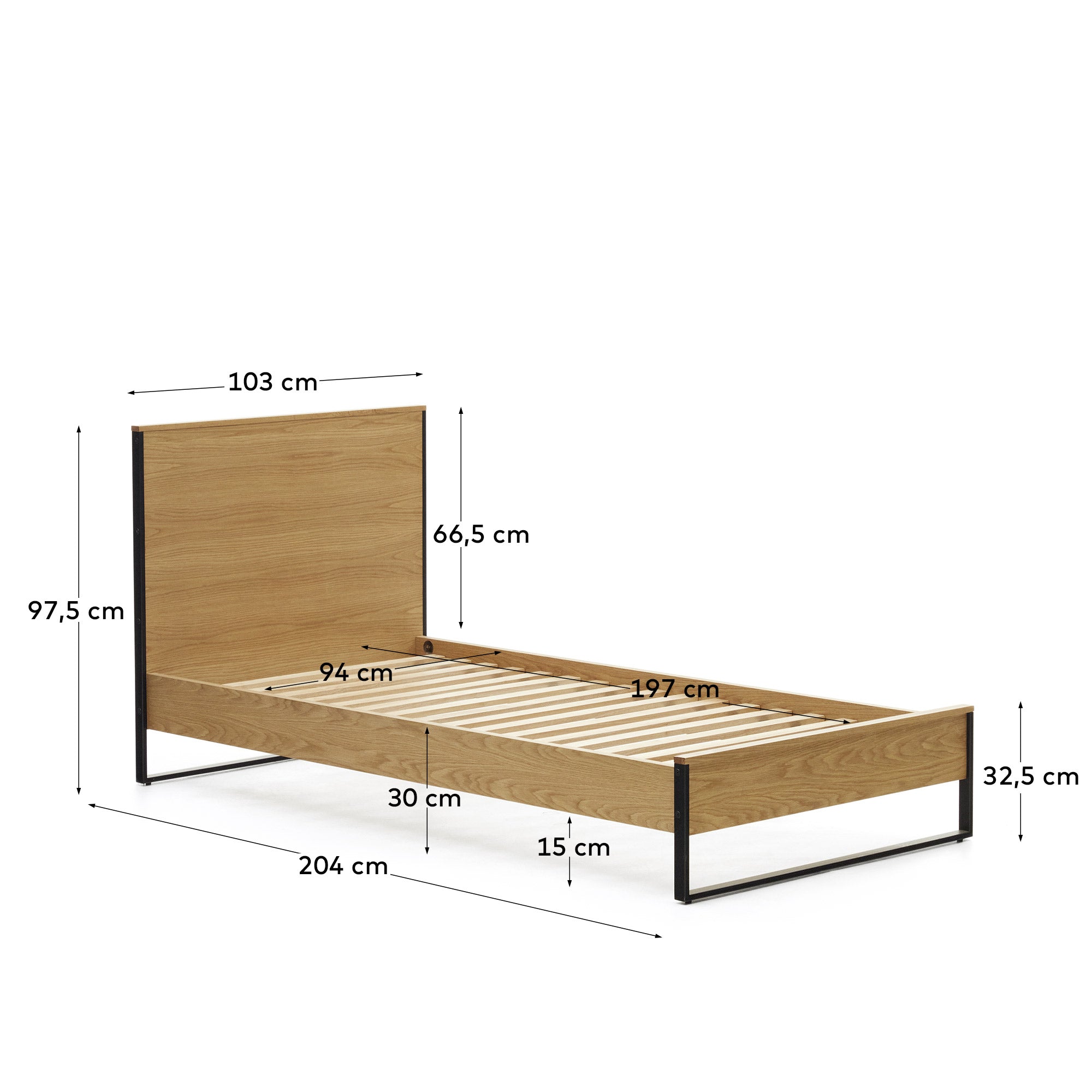 Taiana oak wood veneer bed with steel legs in a black finish, 90 x 190 cm - Measurements