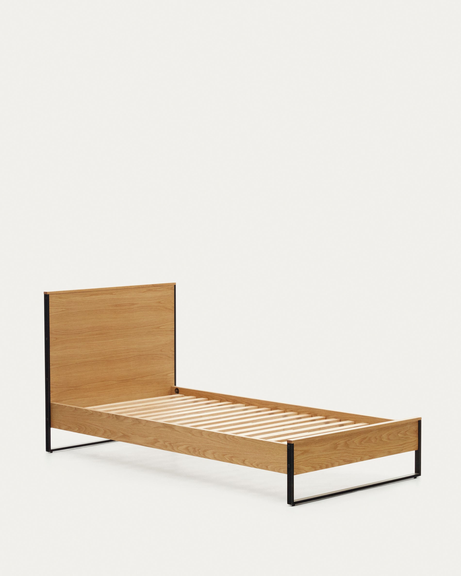 Taiana oak wood veneer bed with steel legs in a black finish, 90 x 190 cm - Product View