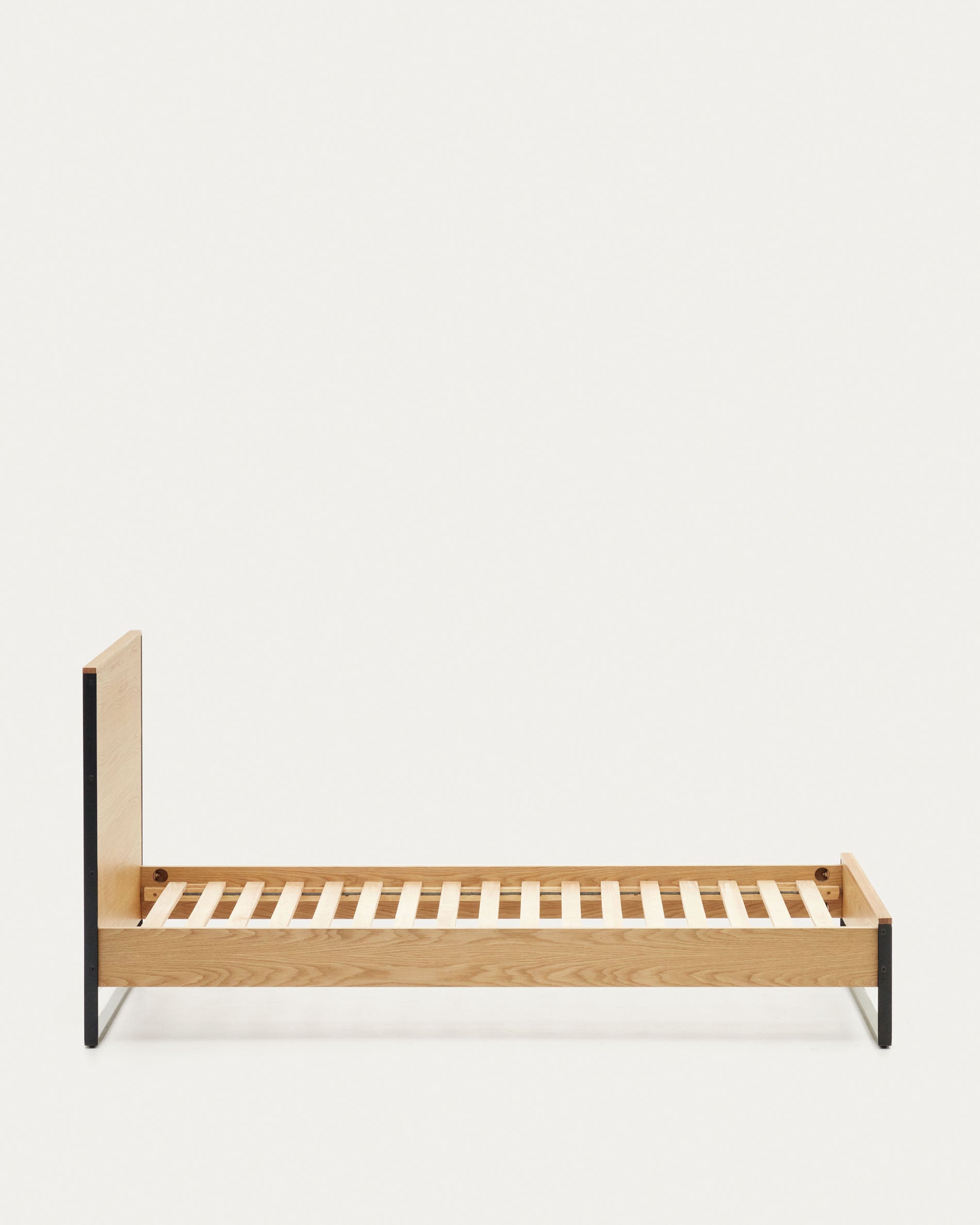 Taiana oak wood veneer bed with steel legs in a black finish, 90 x 190 cm - Product View
