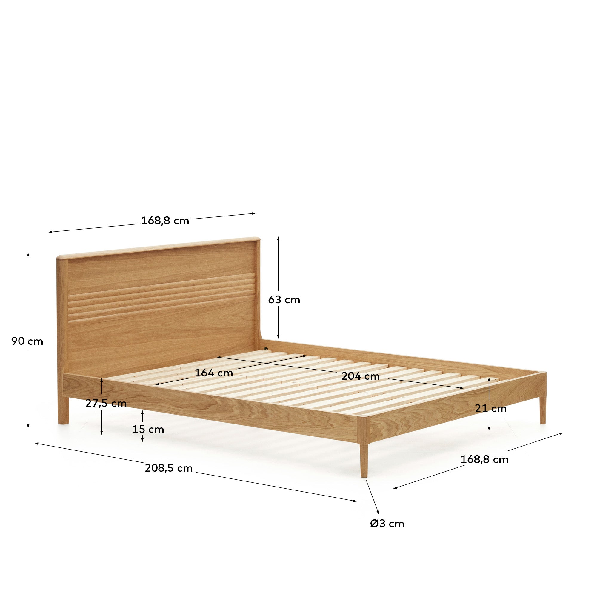 Lenon oak wood and veneer bed for 160 x 200 cm mattress, FSC MIX Credit - Measurements