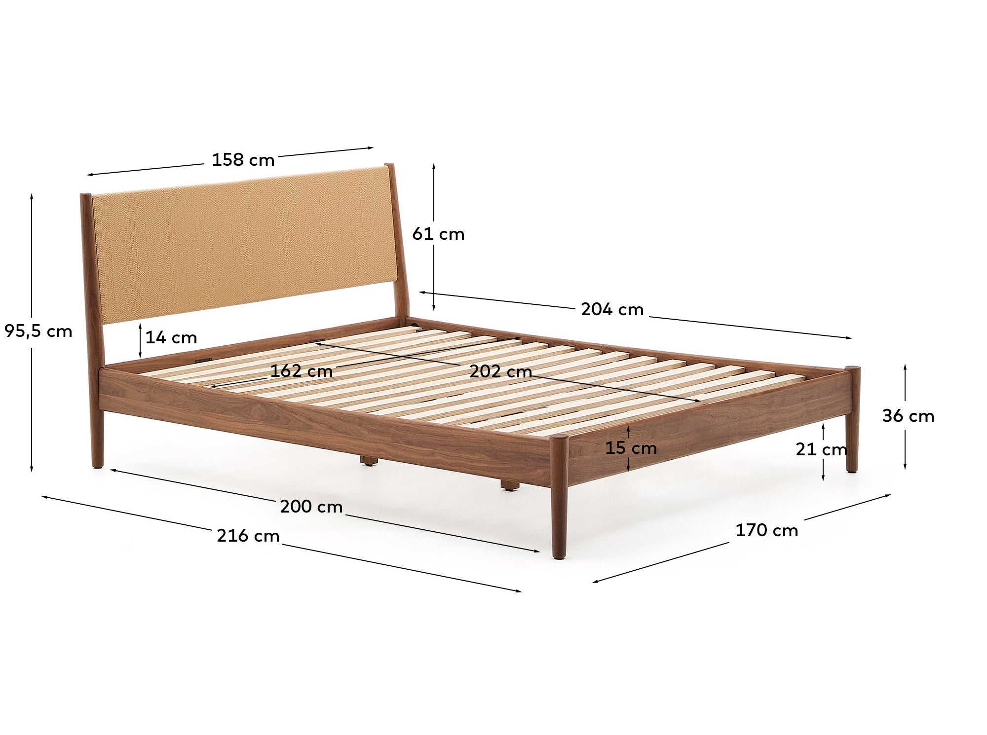 Elan bed in veneer and solid walnut wood with cord mattress 160 x 200 cm FSC Mix Credit - Measurements