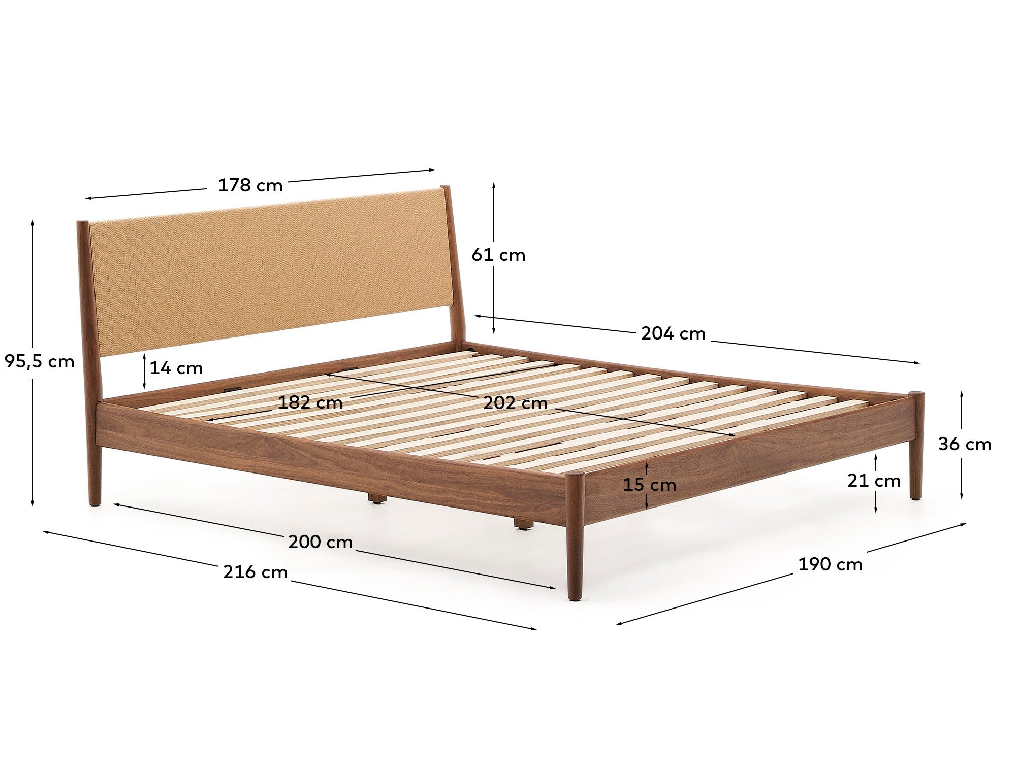 Elan bed in veneer and solid walnut wood with cord mattress 180 x 200 cm FSC Mix Credit - Measurements