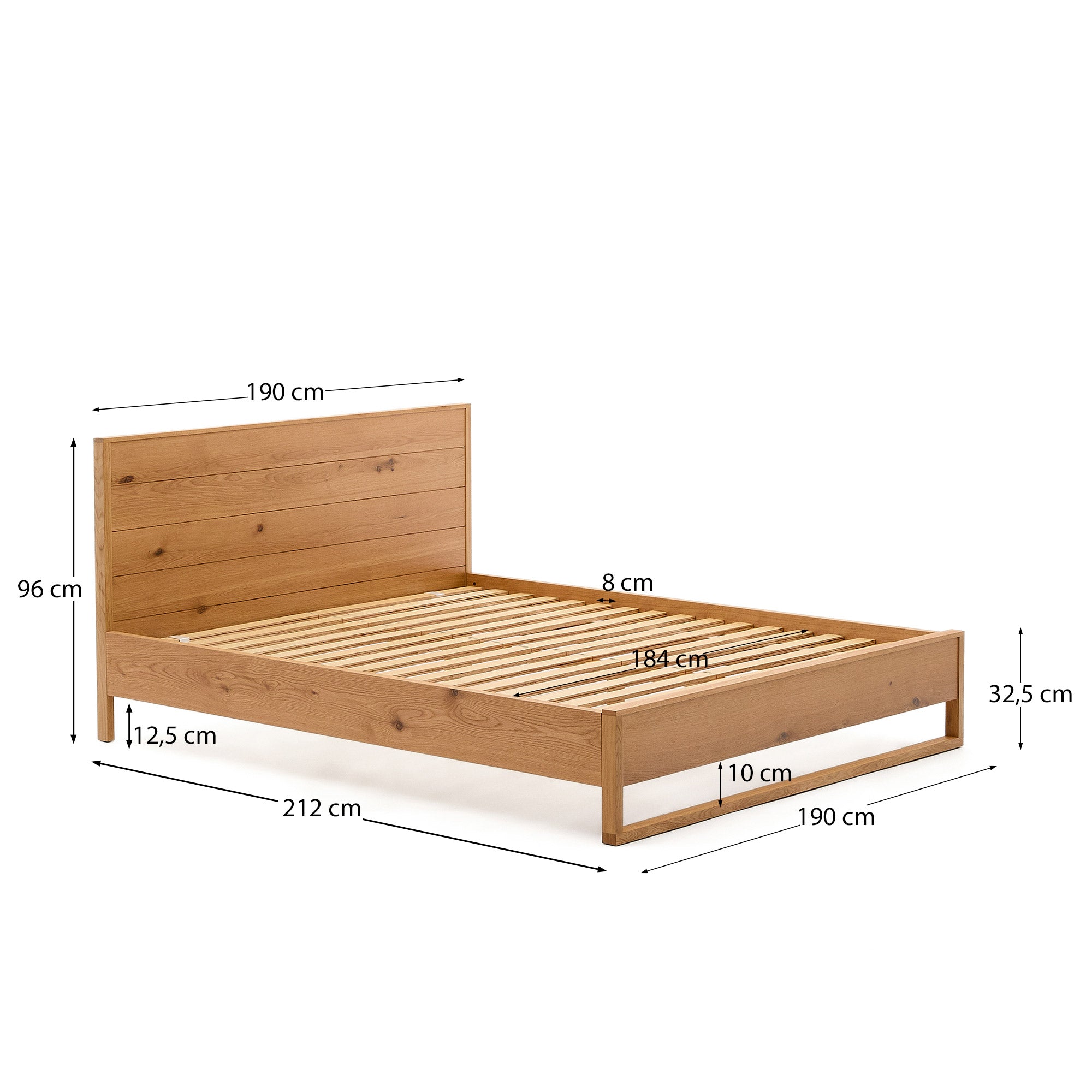 Alguema bed in oak veneer with natural finish for 180 x 200cm mattress - Measurements