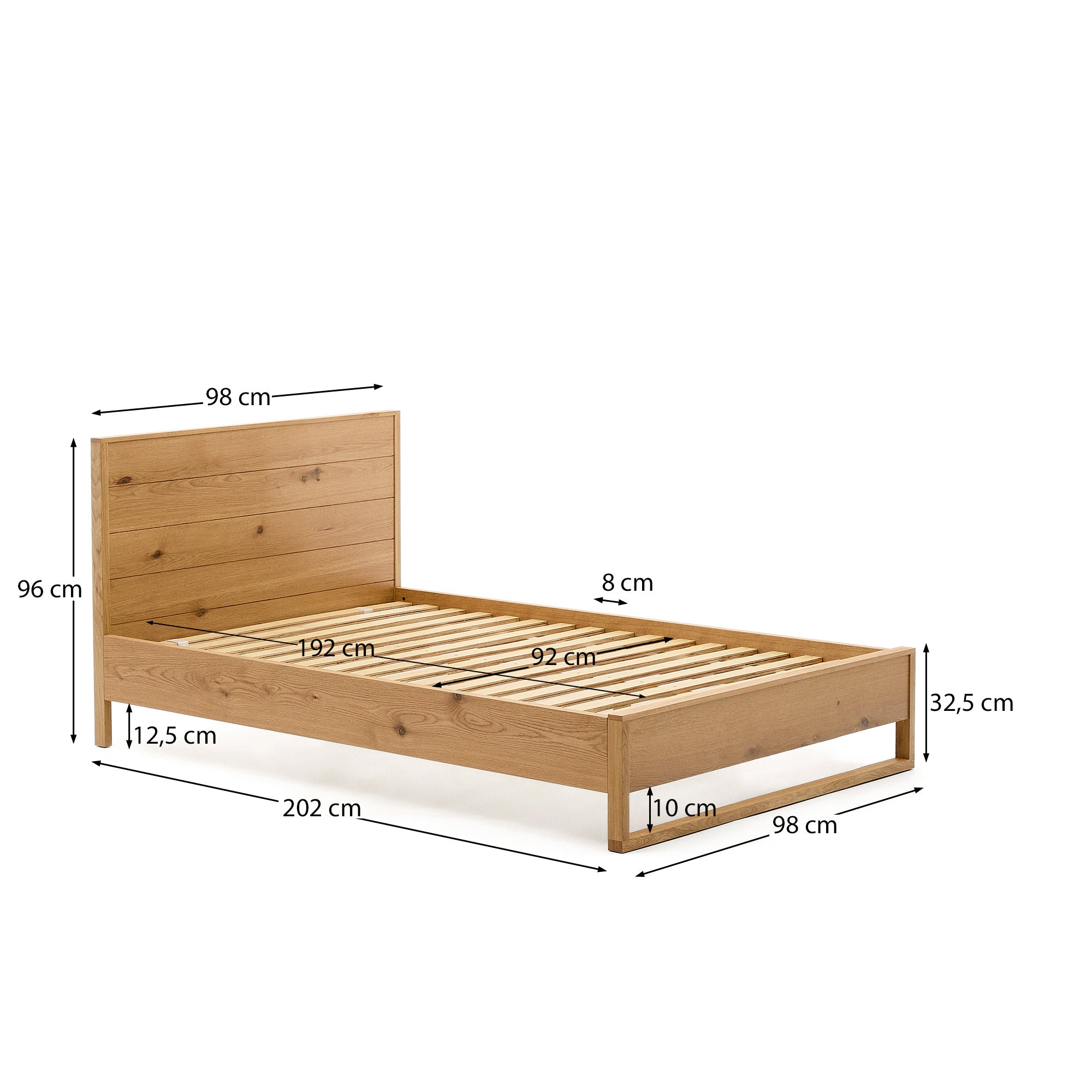 Alguema bed in oak veneer with natural finish for 90 x 190cm mattress - Measurements
