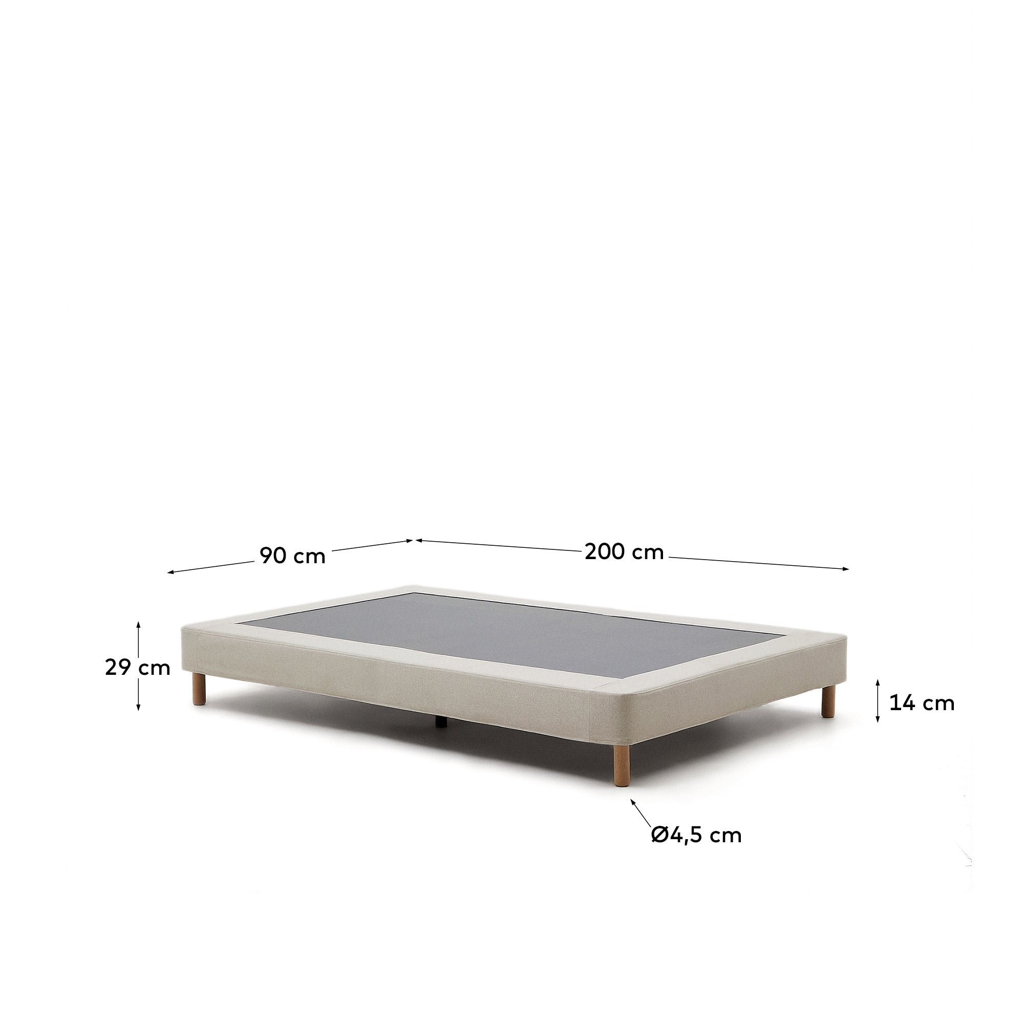 Ofelia base with ecru removable cover and solid beech wooden legs for a 90 x 200 cm mattress FSC Mix Credit - Measurements