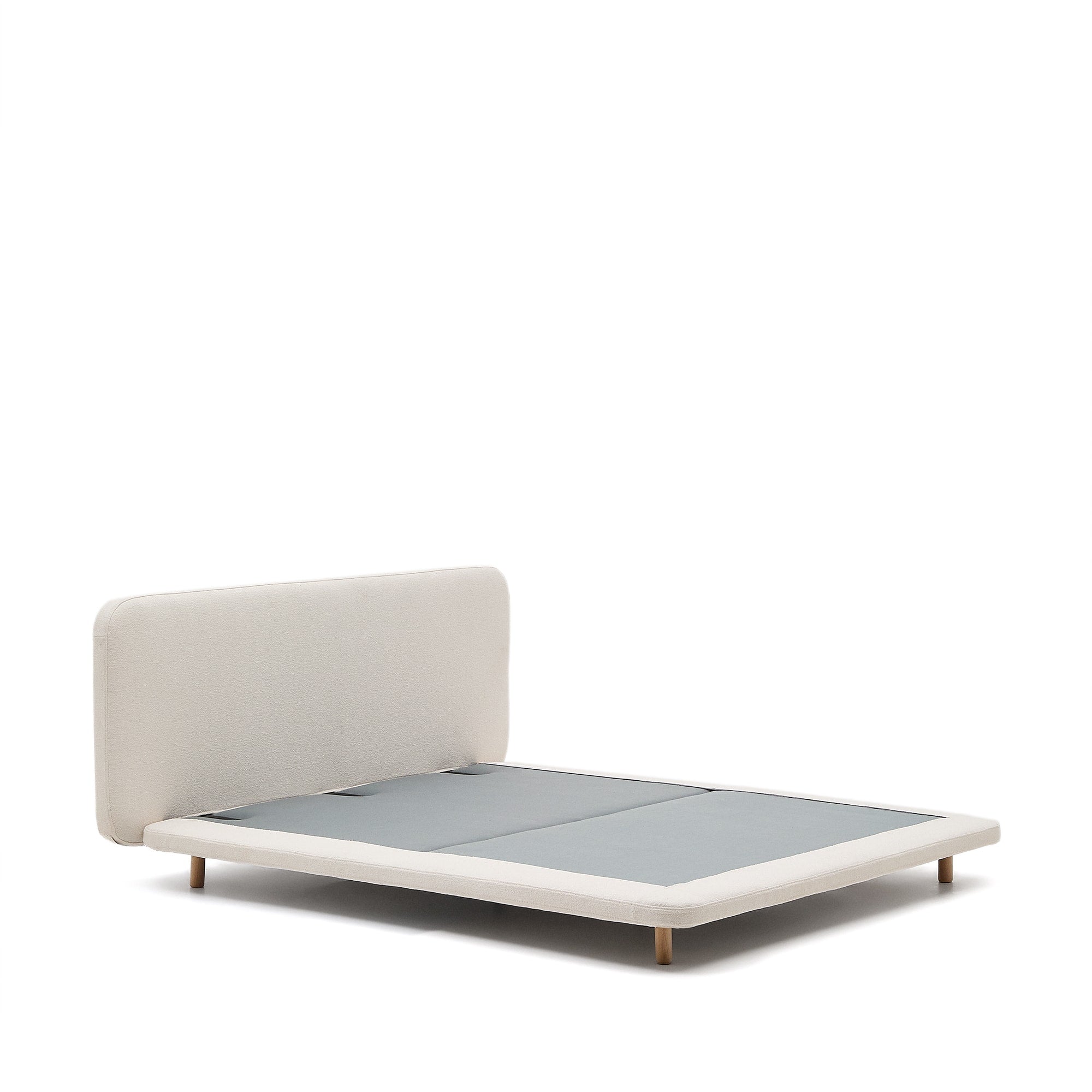 Odum bed with removable covers, in beige micro bouclé, solid beech wood legs, 160 x 200 cm