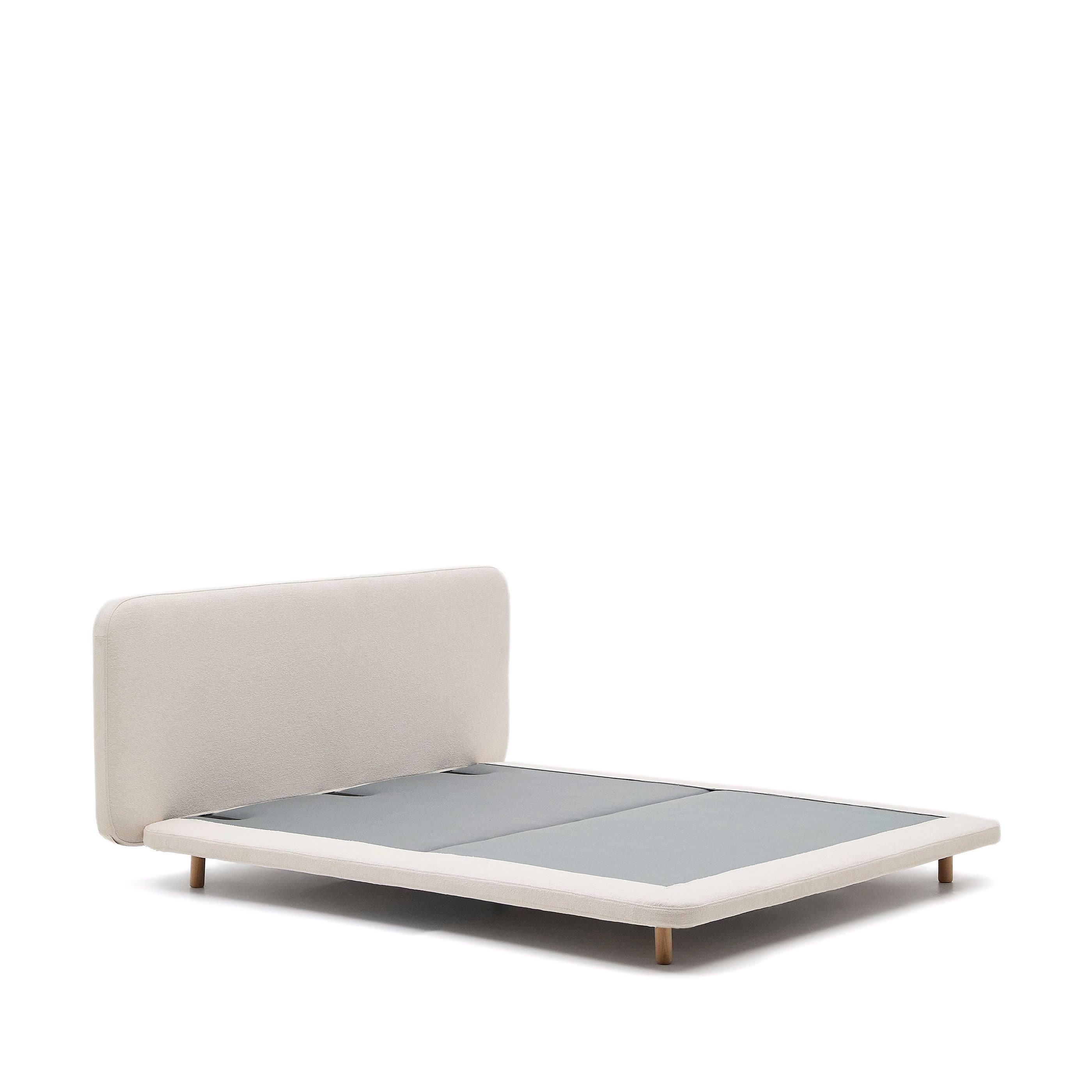 Odum bed with removable covers, in beige micro bouclé, solid beech wood legs, 160 x 200 cm