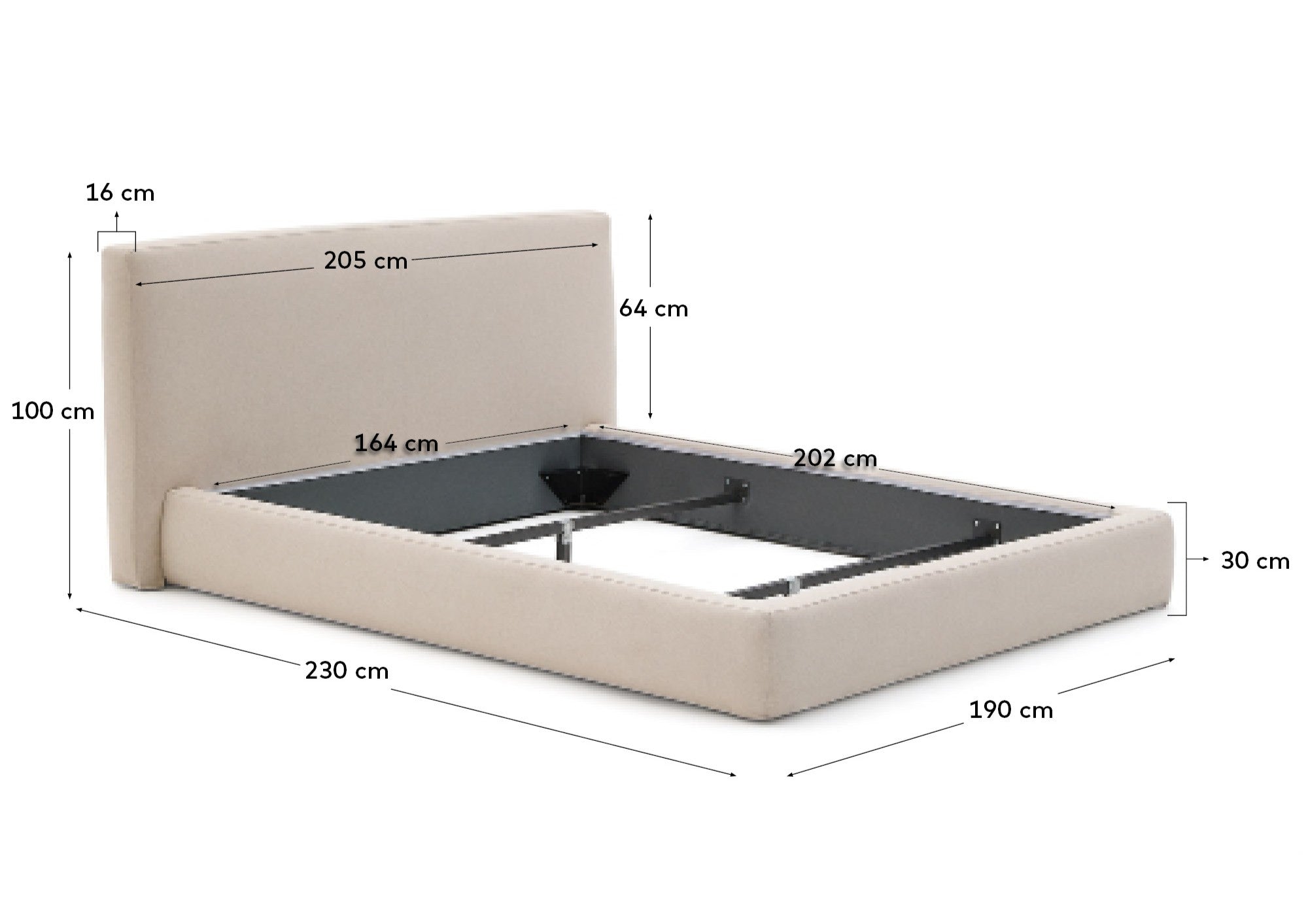 Beige Blok bed with removable covers for 160 x 200 cm mattress FSC Mix Credit - Measurements