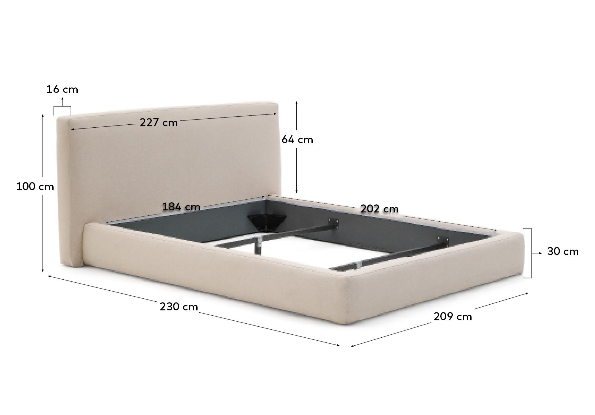 Beige Blok bed with removable covers for 180 x 200 cm mattress FSC Mix Credit - Measurements