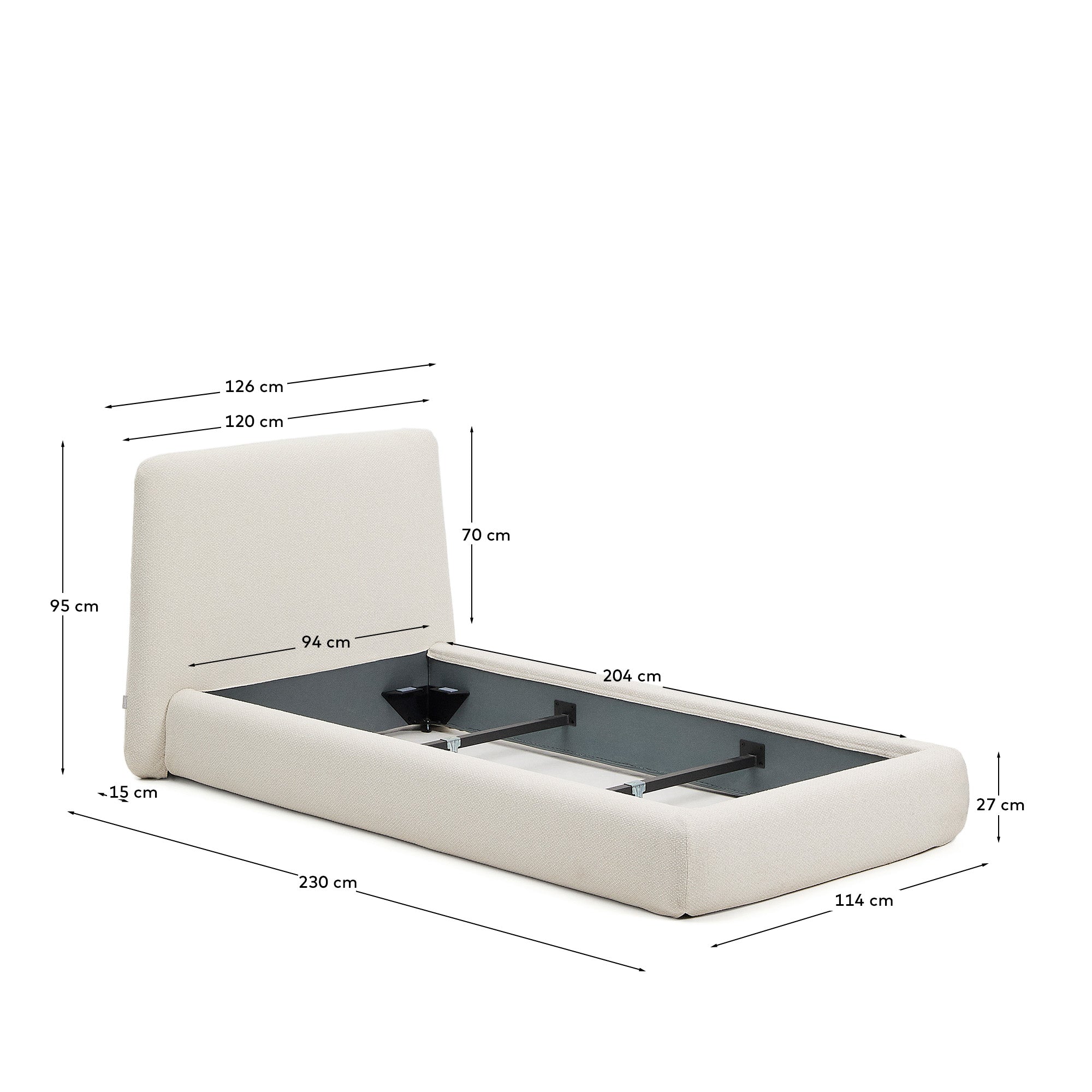 Martina bed with removable cover in ecru chenille for mattress 90 x 200cm - Measurements