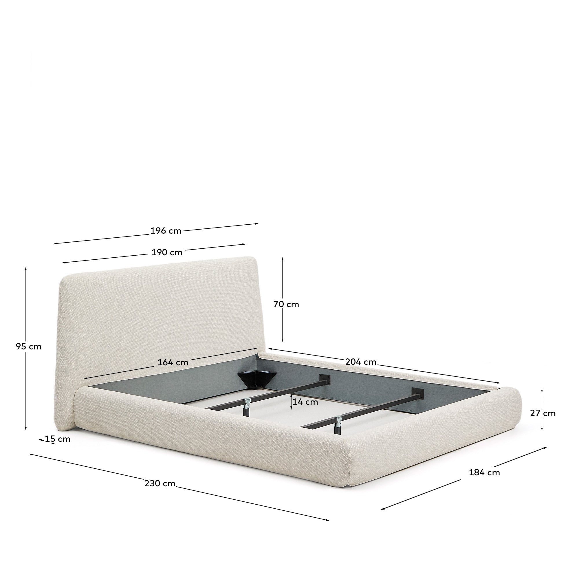 Martina bed with removable cover in ecru chenille for mattress 160 x 200cm - Measurements