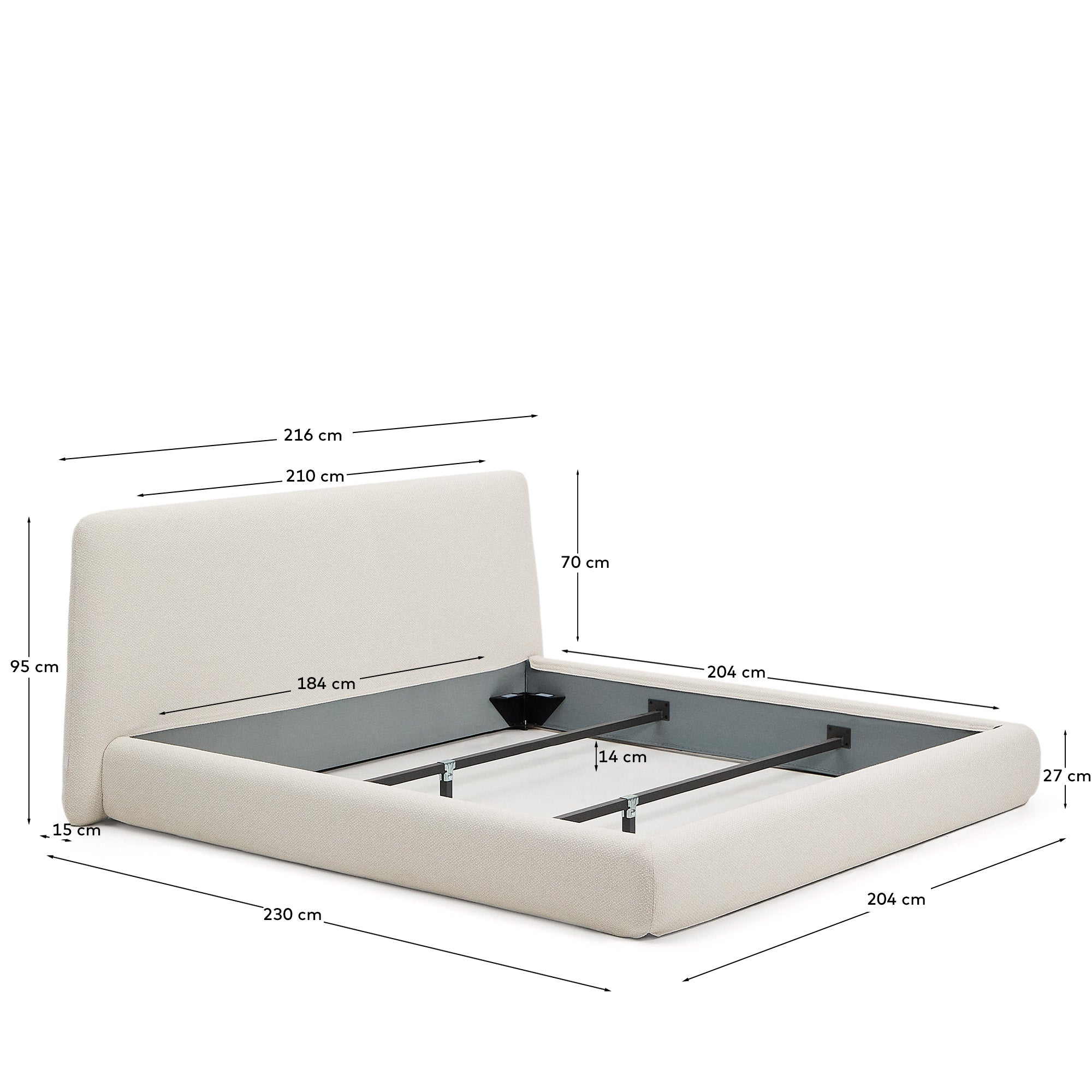 Martina bed with removable cover in ecru chenille for mattress 180 x 200cm - Measurements