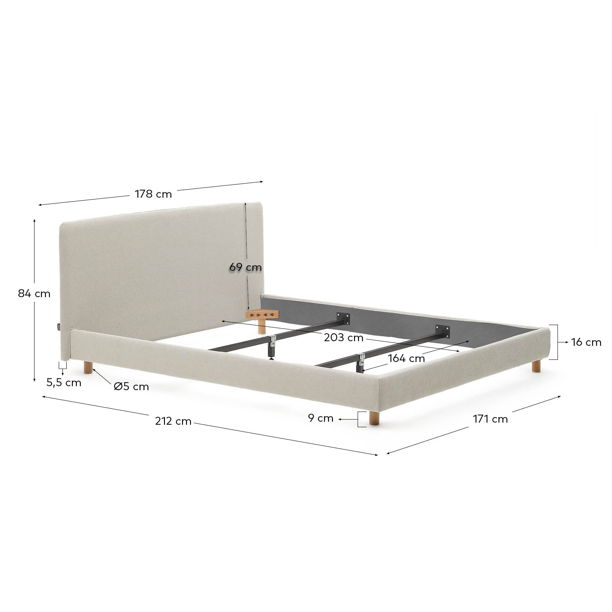 Pearl chenille Valma bed with removable cover and solid beech wood legs for a 160 x 200 cm mattress - Measurements