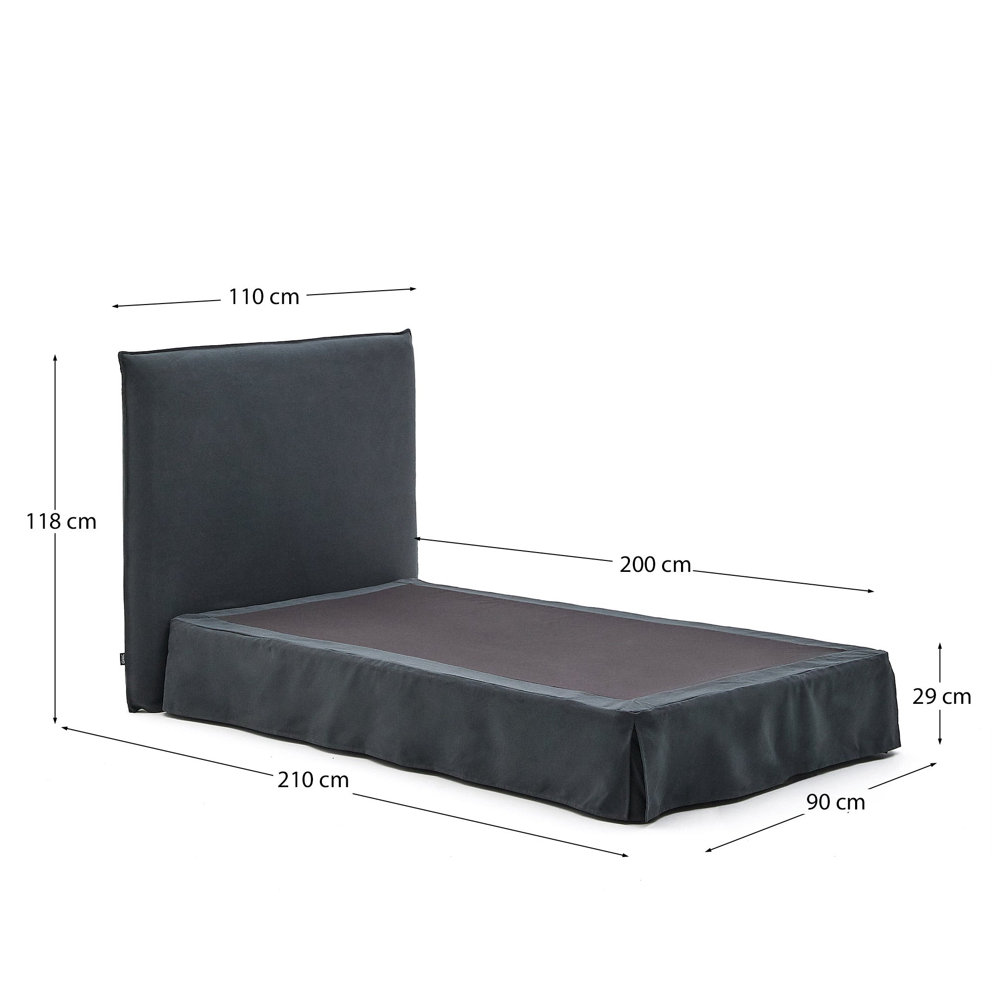 Anthracite grey linen and cotton Jaira bed with removable cover for a 90 x 200 cm FSC Mix Credit mattress - Measurements
