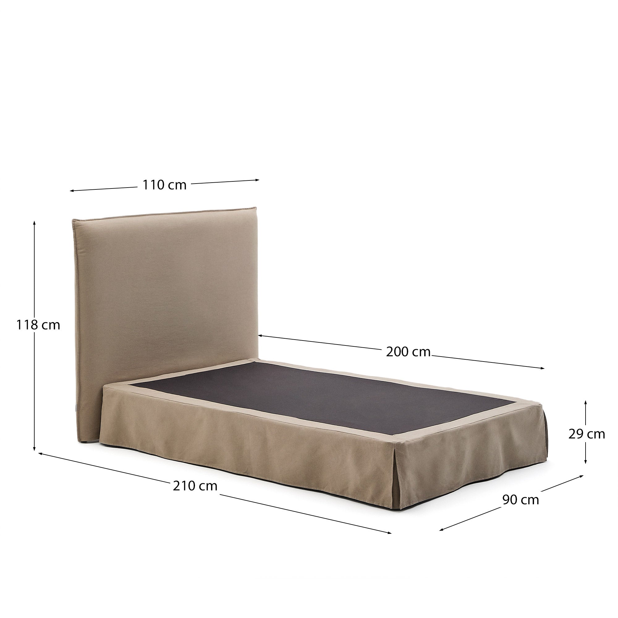 Jaira bed with removable linen and cotton cover in taupe for a 90 x 200 cm FSC Mix Credit mattress - Measurements
