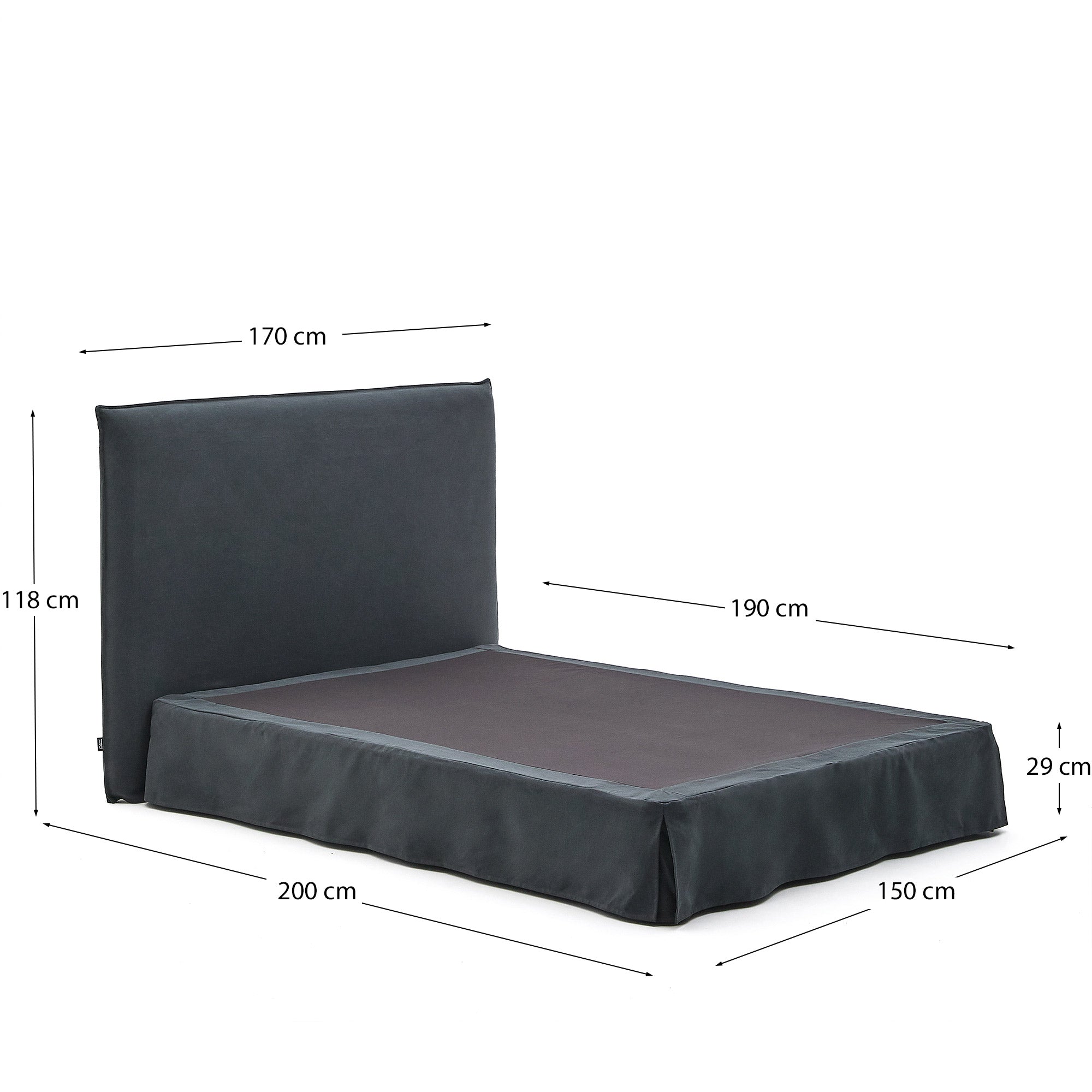 Anthracite grey linen and cotton Jaira bed with removable cover for a 150 x 190 cm FSC Mix Credit mattress - Measurements