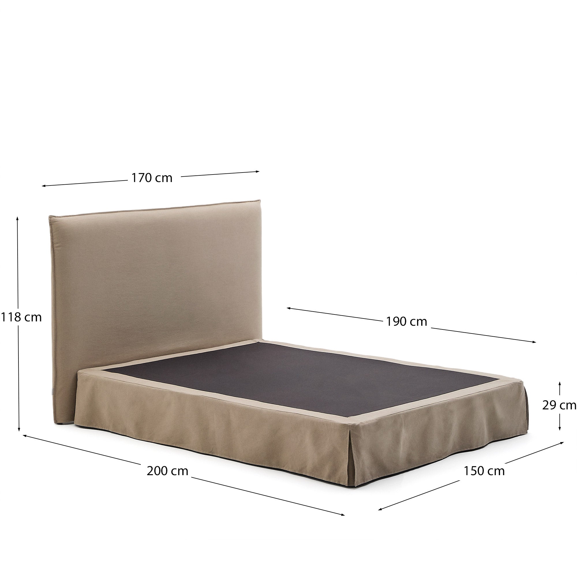 Jaira bed with removable linen and cotton cover in taupe for a 150 x 190 cm FSC Mix Credit mattress - Measurements