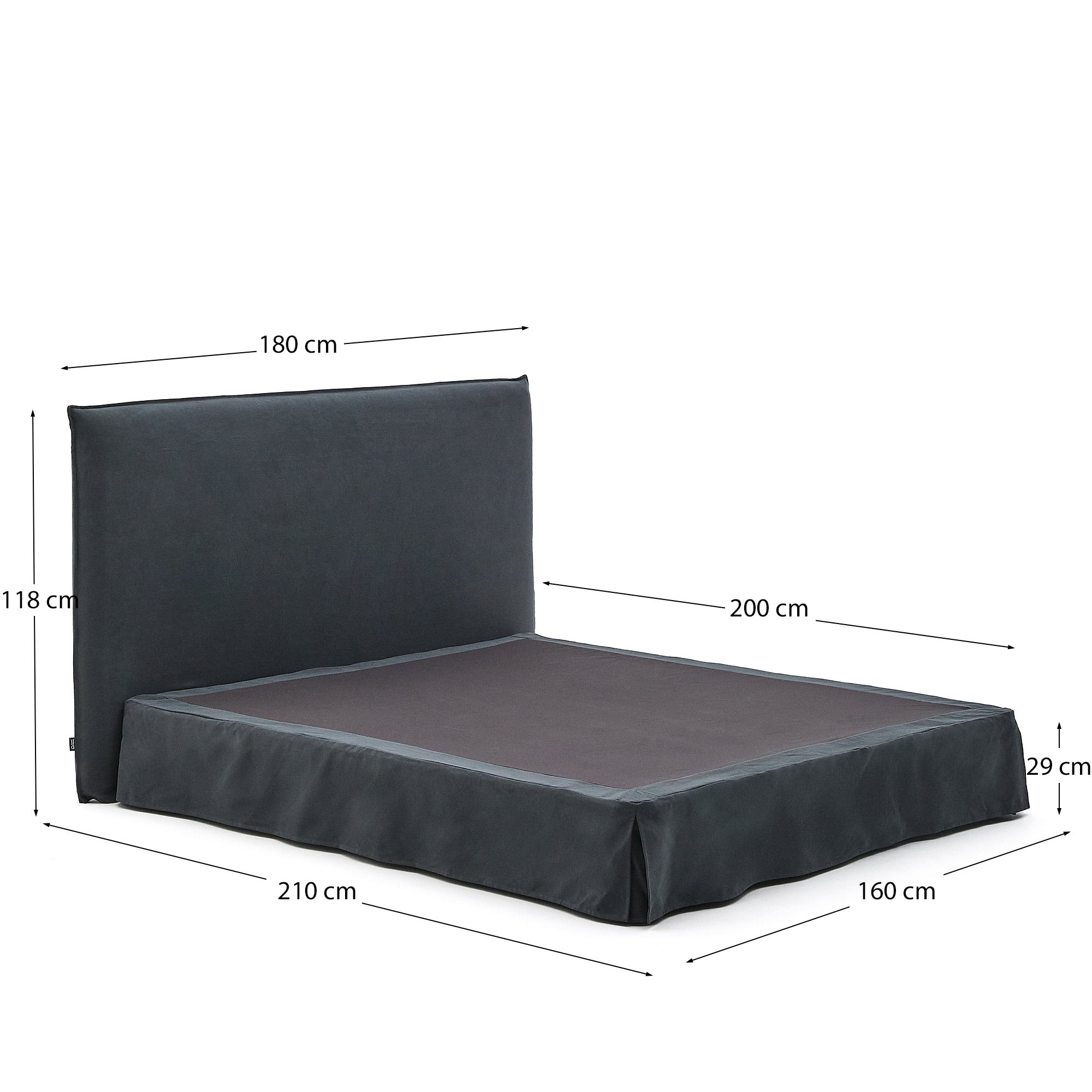 Anthracite grey linen and cotton Jaira bed with removable cover for a 160 x 200 cm FSC Mix Credit mattress - Measurements