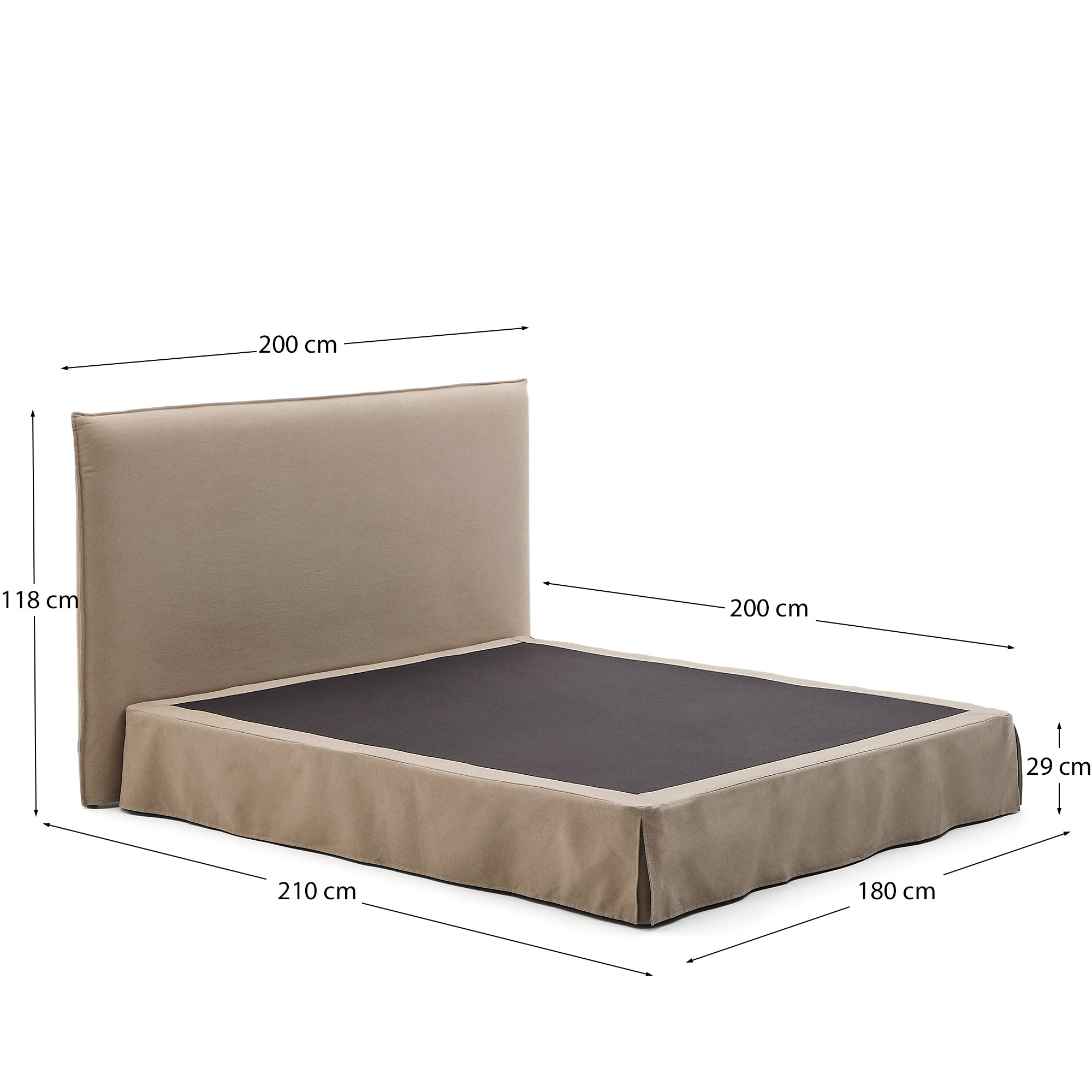 Jaira bed with removable linen and cotton cover in taupe for a 180 x 200 cm FSC Mix Credit mattress - Measurements