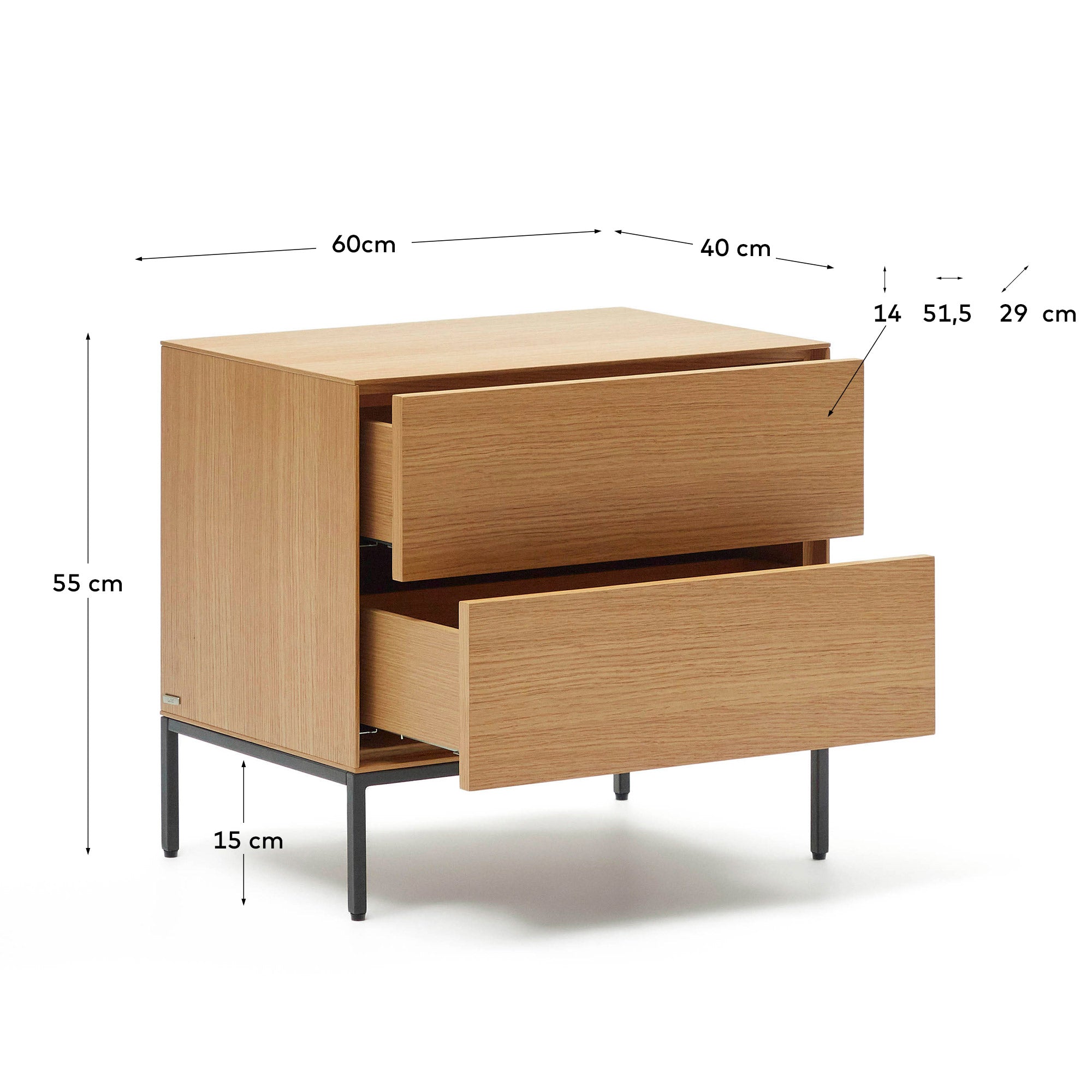 Vedrana beside table, 2 oak veneer drawers, and black steel legs, 60 x 55 cm - Measurements