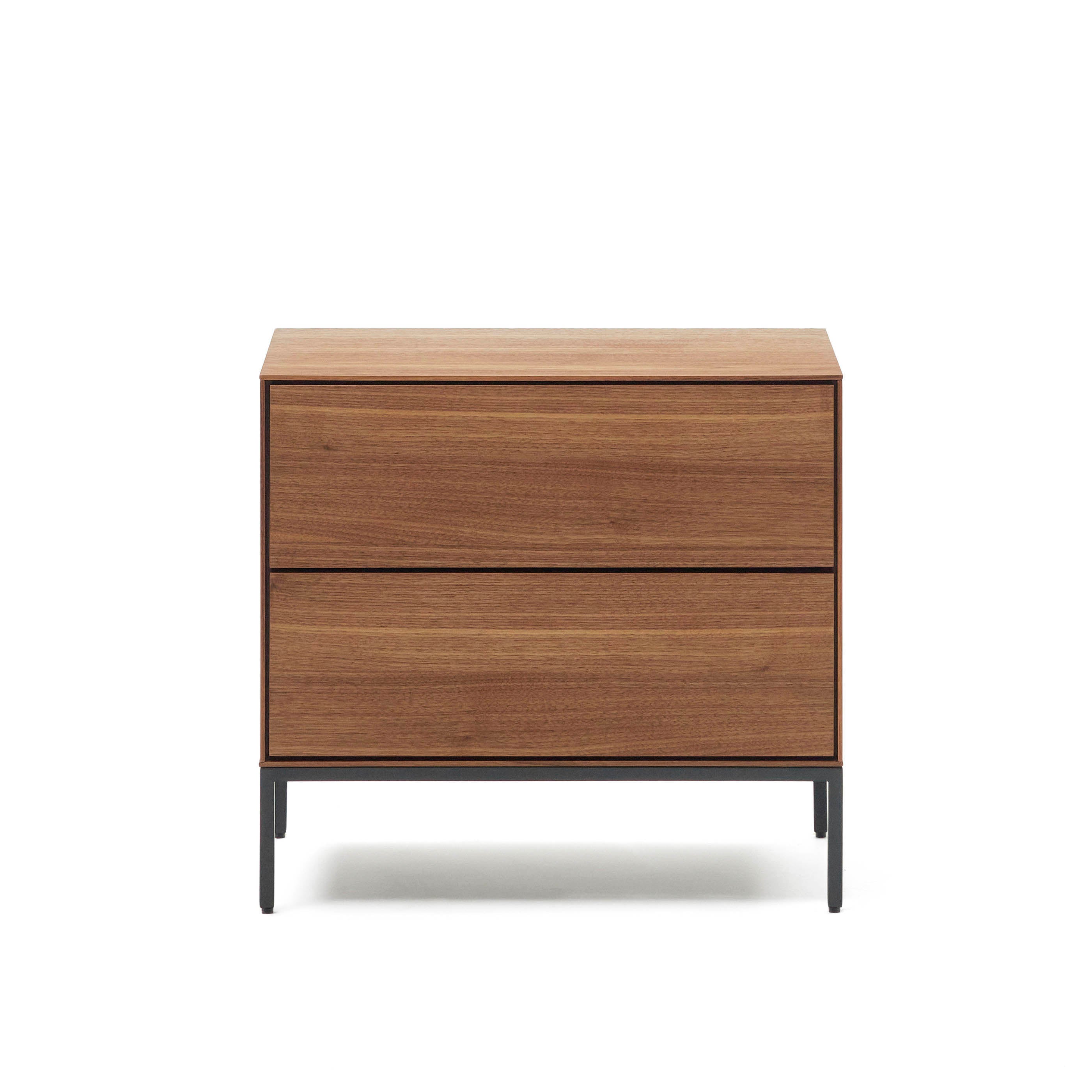 Vedrana bedside table, 2 walnut veneer drawers, and black steel legs, 60 x 55 cm - Product Image