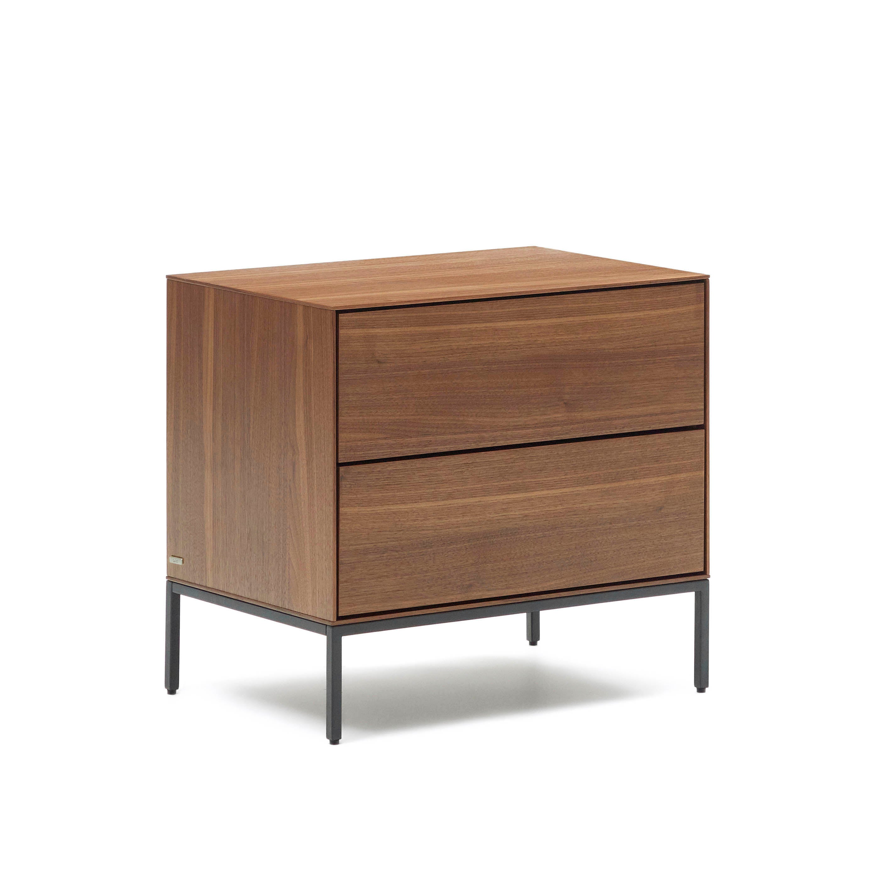 Vedrana bedside table, 2 walnut veneer drawers, and black steel legs, 60 x 55 cm - Product Image