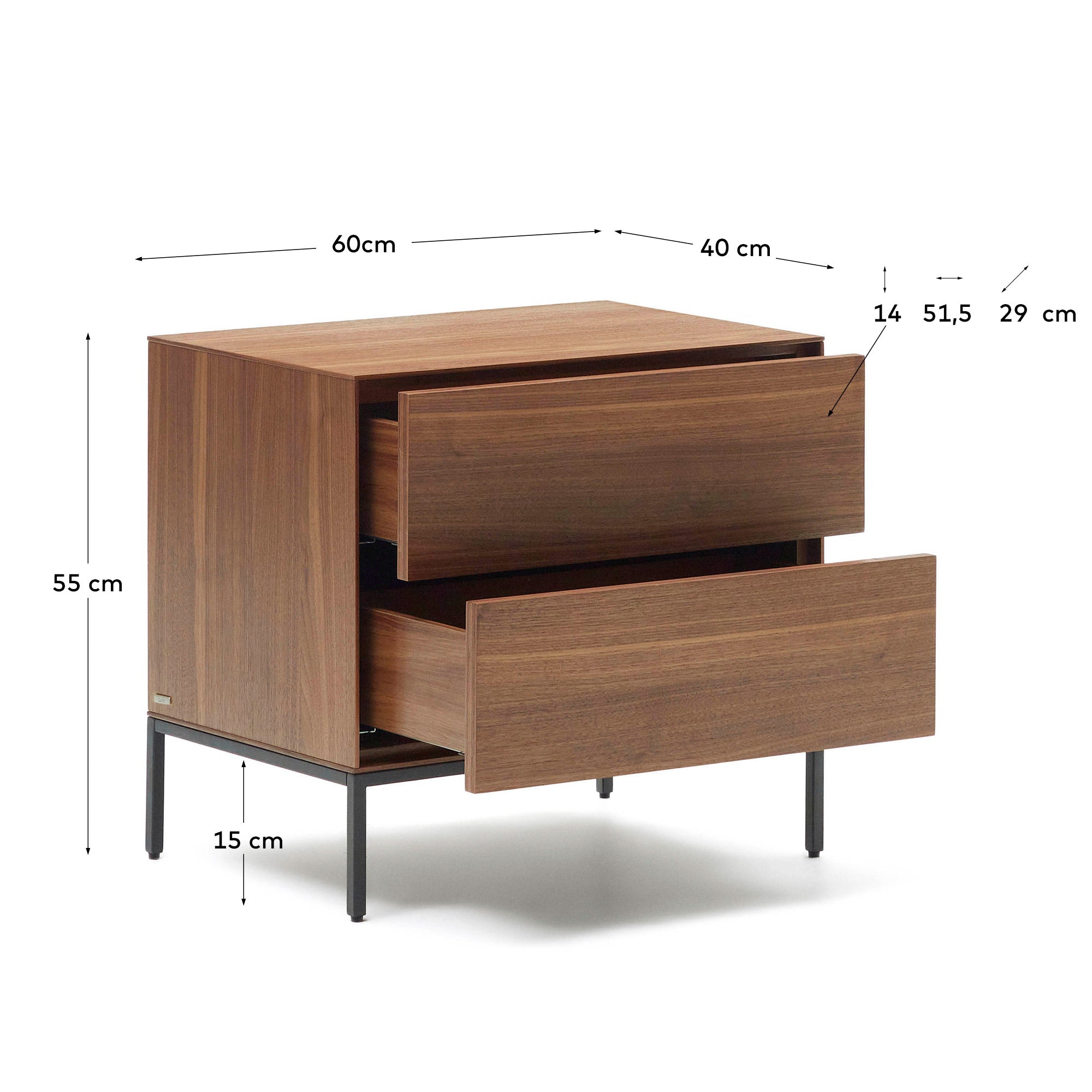 Vedrana bedside table, 2 walnut veneer drawers, and black steel legs, 60 x 55 cm - Measurements