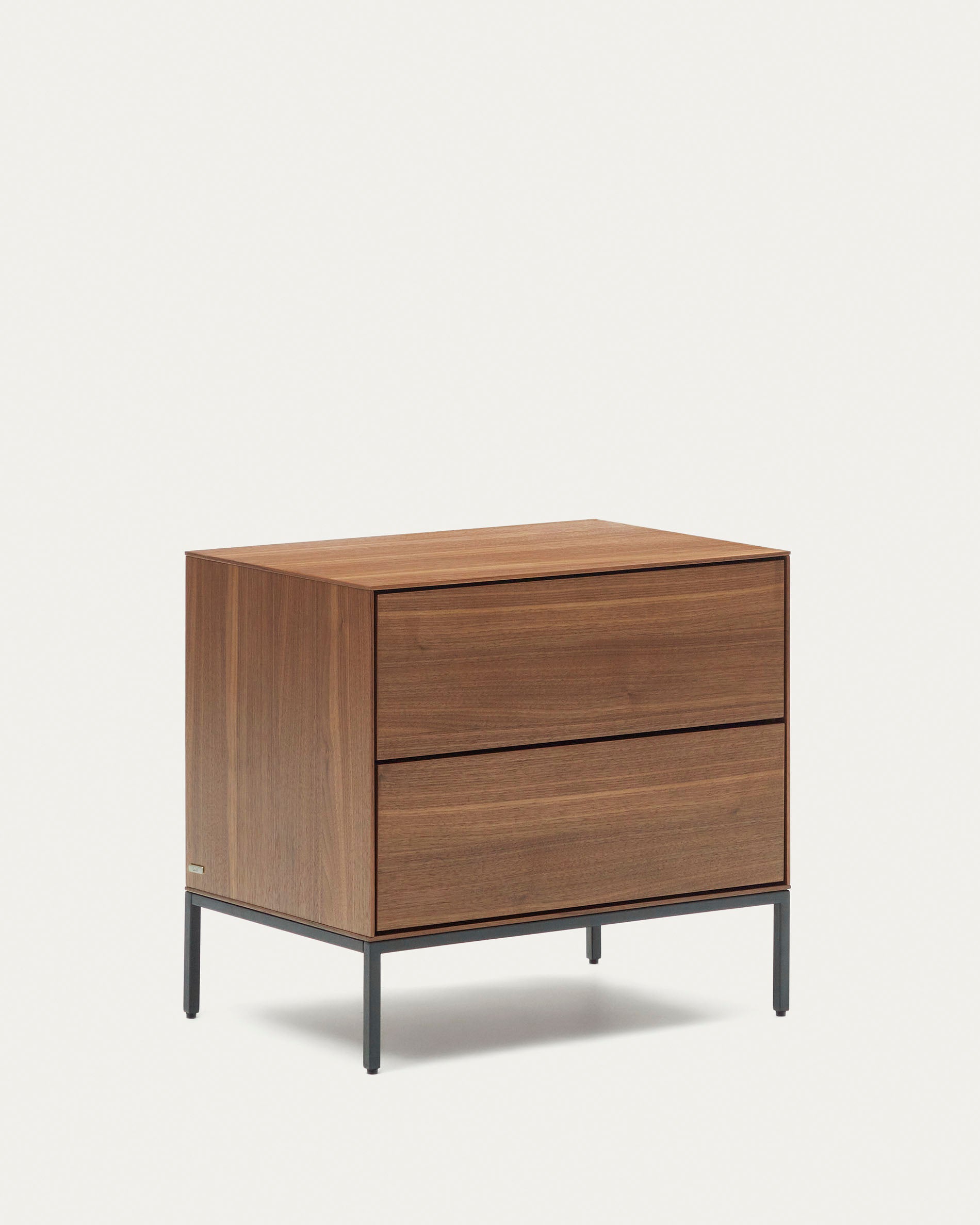 Vedrana bedside table, 2 walnut veneer drawers, and black steel legs, 60 x 55 cm - Product View