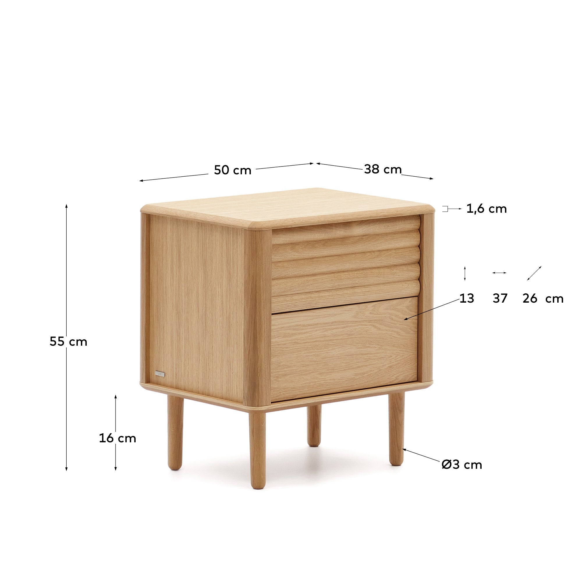 Lenon oak wood and veneer bedside table with 2 drawers, 50 x 55 cm FSC MIX Credit - Measurements